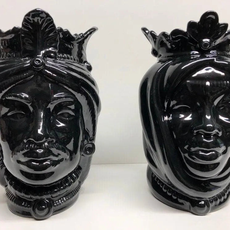 Teste di Moro Afro Ceramica Caltagirone cm H.25 L.17 Artigianale Nero Lucido DD CERAMICHE SICILIANE