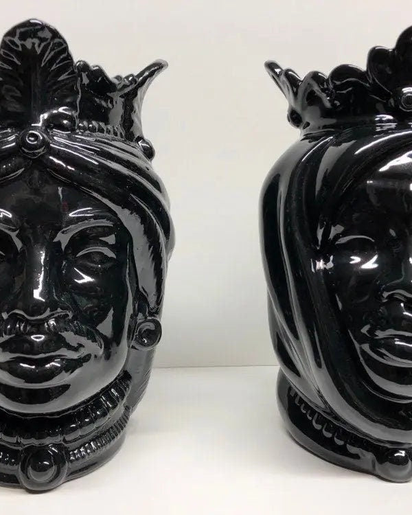 Teste di Moro Afro Ceramica Caltagirone cm H.25 L.17 Artigianale Nero Lucido DD CERAMICHE SICILIANE