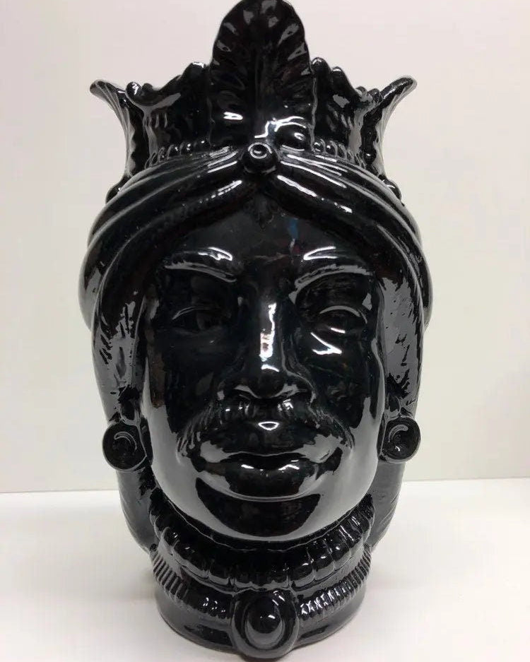 Teste di Moro Afro Ceramica Caltagirone cm H.25 L.17 Artigianale Nero Lucido DD CERAMICHE SICILIANE