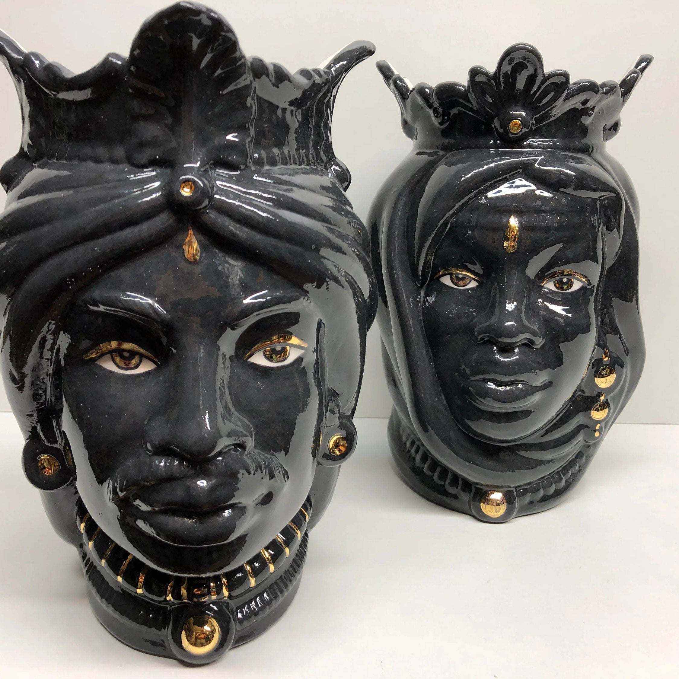 Teste di Moro Afro Ceramica Caltagirone cm H.25 L.17 Artigianale Nero dettagli Oro DD CERAMICHE SICILIANE