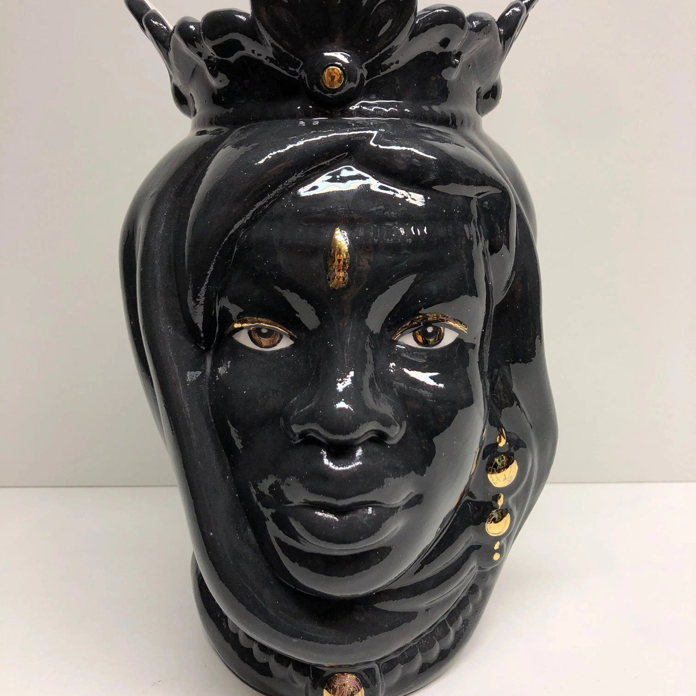 Teste di Moro Afro Ceramica Caltagirone cm H.25 L.17 Artigianale Nero dettagli Oro DD CERAMICHE SICILIANE