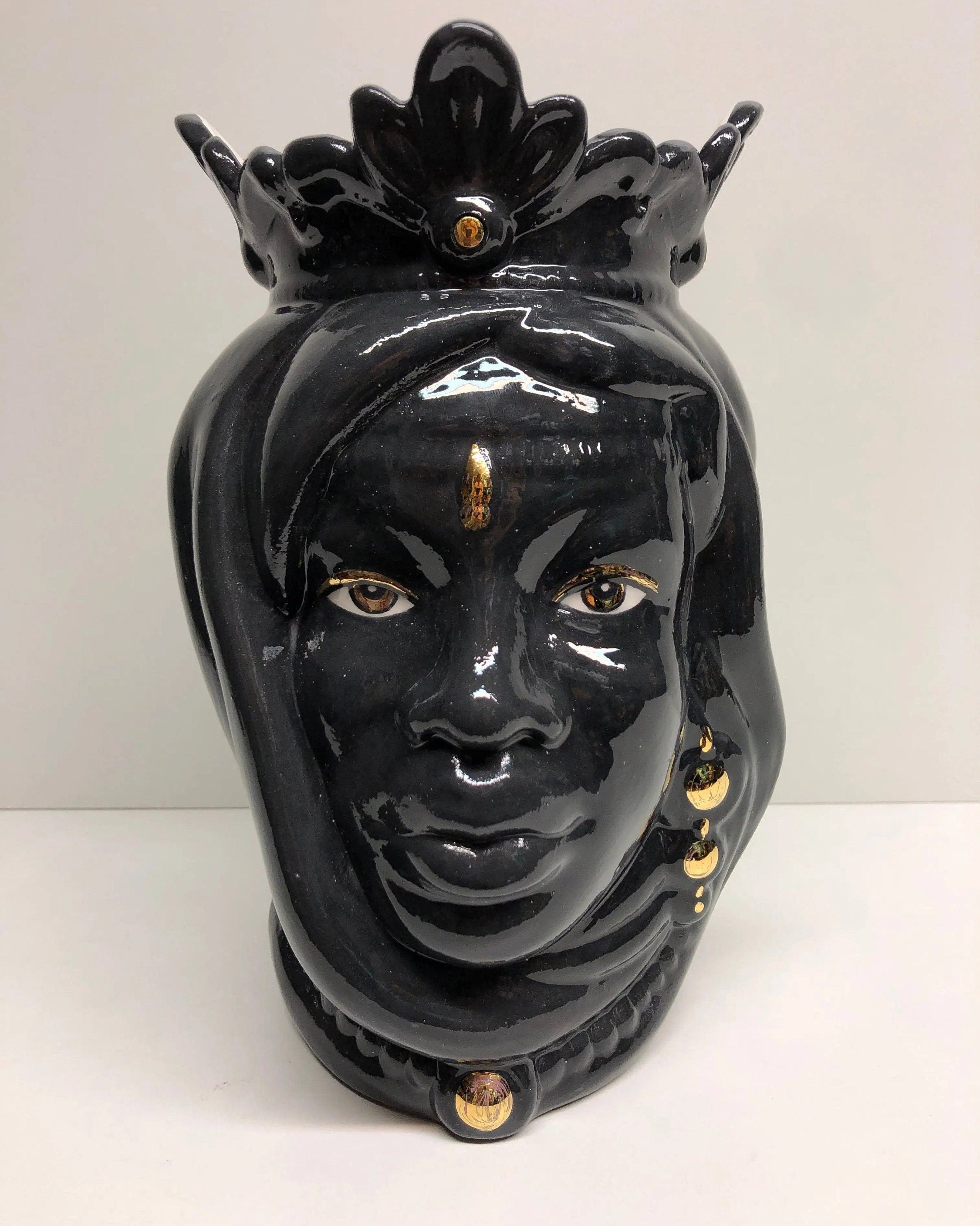 Teste di Moro Afro Ceramica Caltagirone cm H.25 L.17 Artigianale Nero dettagli Oro DD CERAMICHE SICILIANE
