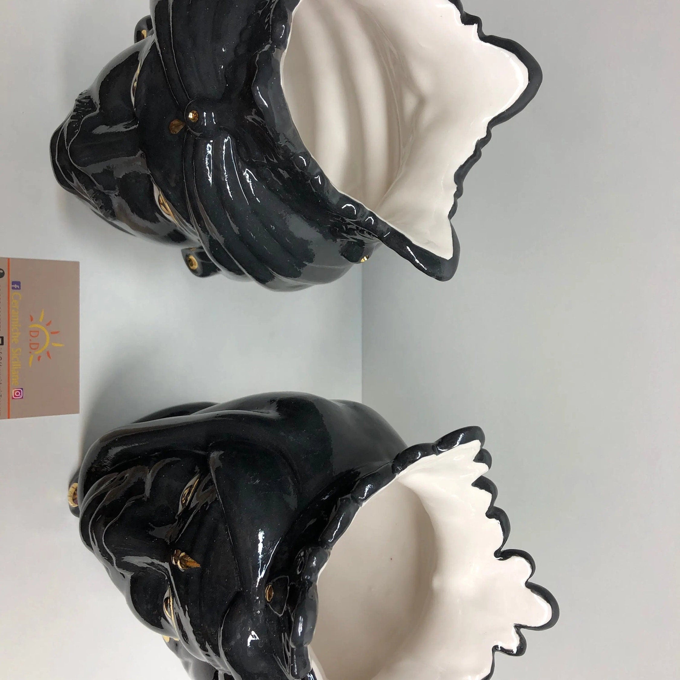 Teste di Moro Afro Ceramica Caltagirone cm H.25 L.17 Artigianale Nero dettagli Oro DD CERAMICHE SICILIANE