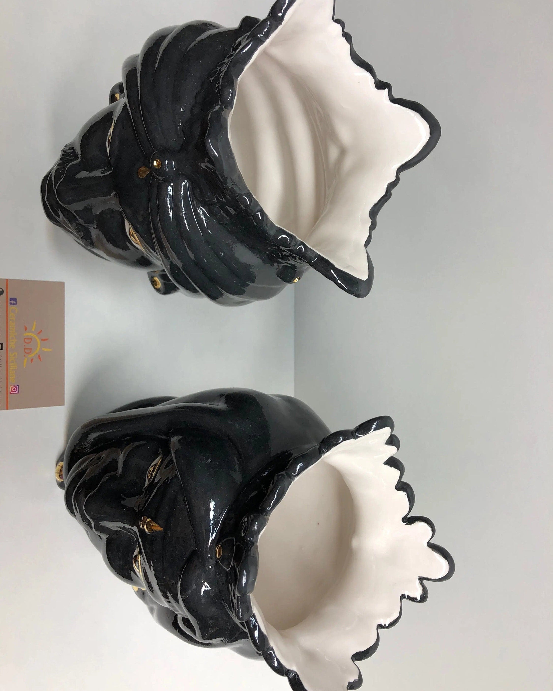 Teste di Moro Afro Ceramica Caltagirone cm H.25 L.17 Artigianale Nero dettagli Oro DD CERAMICHE SICILIANE