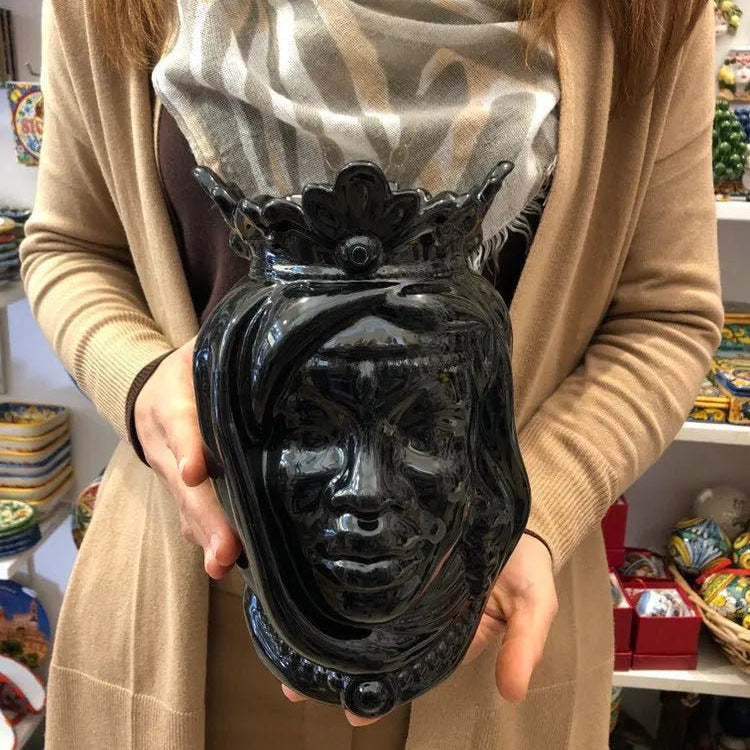Teste di Moro Afro Ceramica Caltagirone cm H.25 L.17 Artigianale Nero Lucido DD CERAMICHE SICILIANE