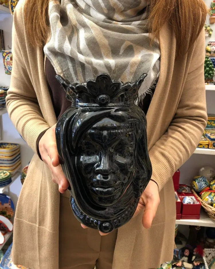 Teste di Moro Afro Ceramica Caltagirone cm H.25 L.17 Artigianale Nero Lucido DD CERAMICHE SICILIANE