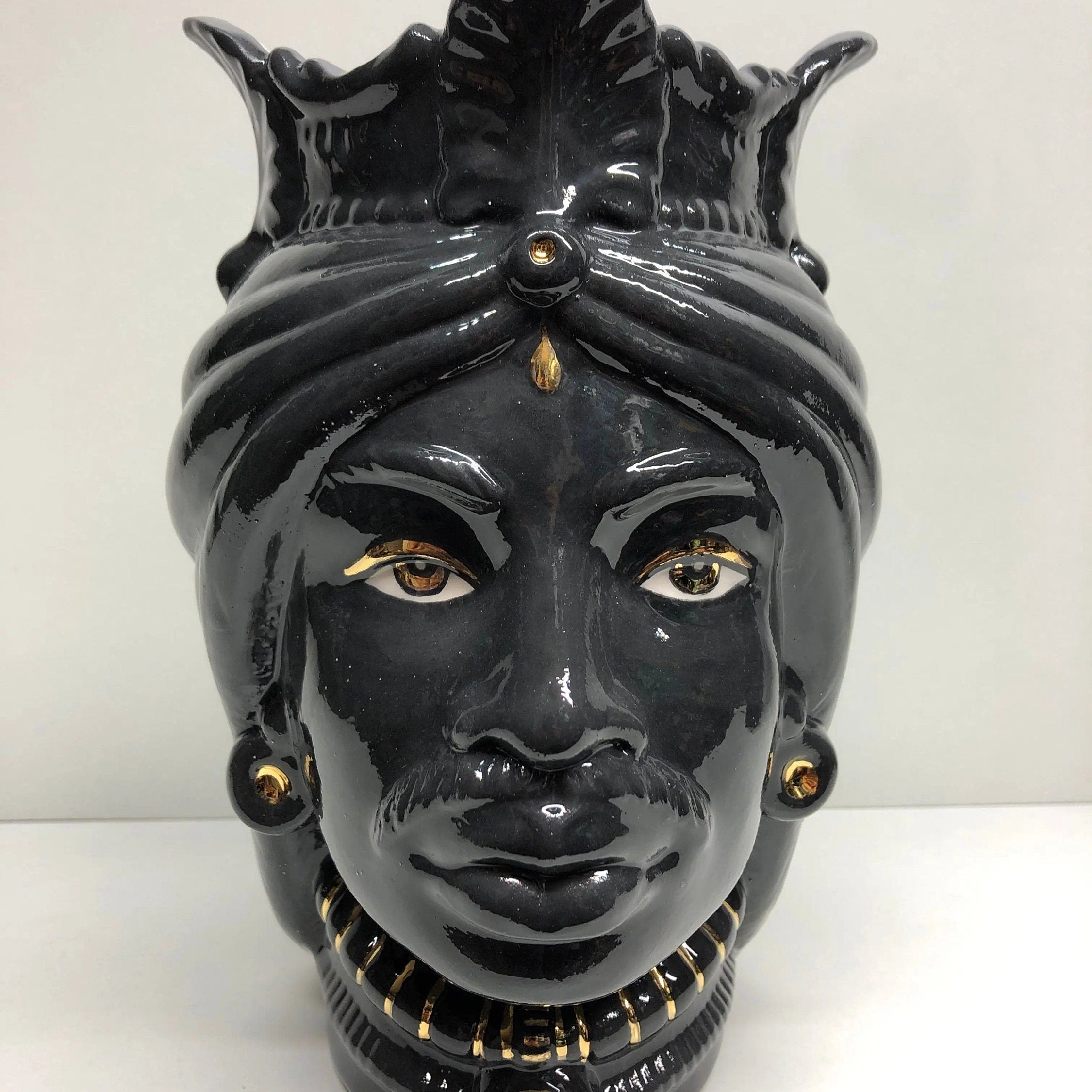 Teste di Moro Afro Ceramica Caltagirone cm H.25 L.17 Artigianale Nero dettagli Oro DD CERAMICHE SICILIANE