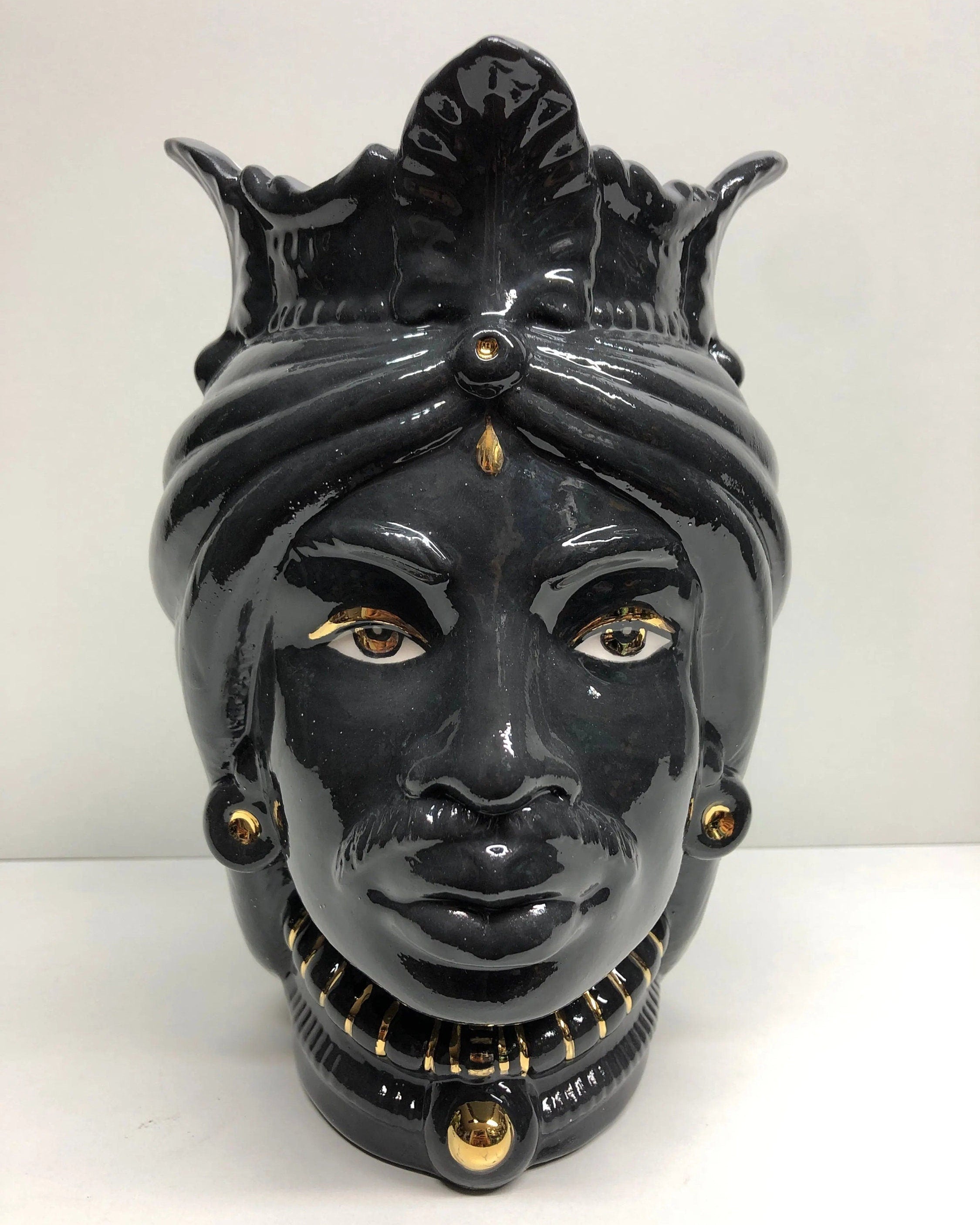Teste di Moro Afro Ceramica Caltagirone cm H.25 L.17 Artigianale Nero dettagli Oro DD CERAMICHE SICILIANE