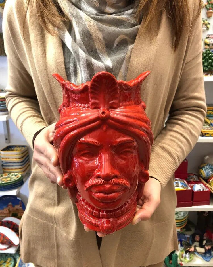 Teste di Moro Afro Ceramica Caltagirone cm H.25 L.17 Artigianale Rosso DD CERAMICHE SICILIANE