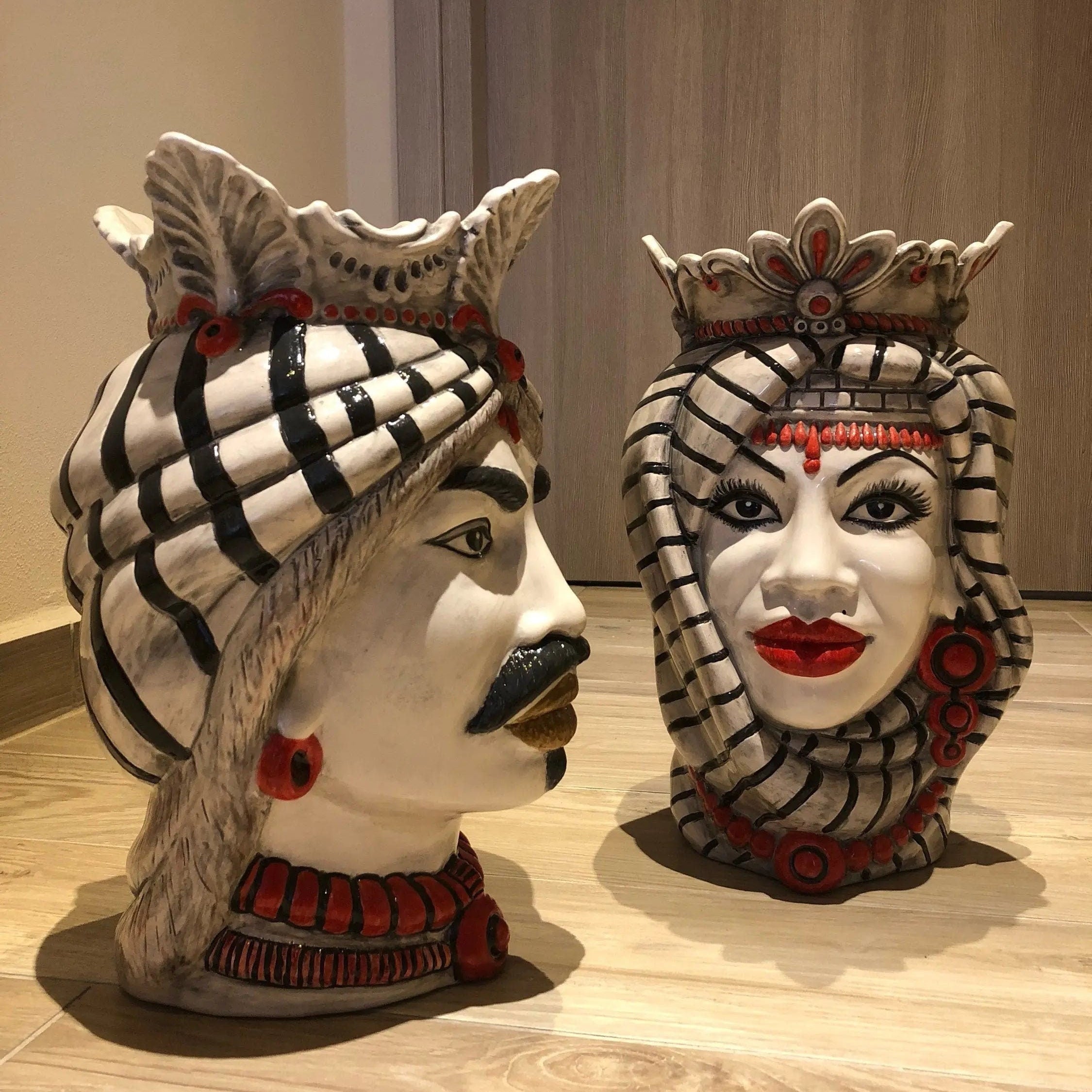 Teste di Moro Afro Ceramica Caltagirone cm H.35 L.23 Artigianale Turbante Striscie DD CERAMICHE SICILIANE