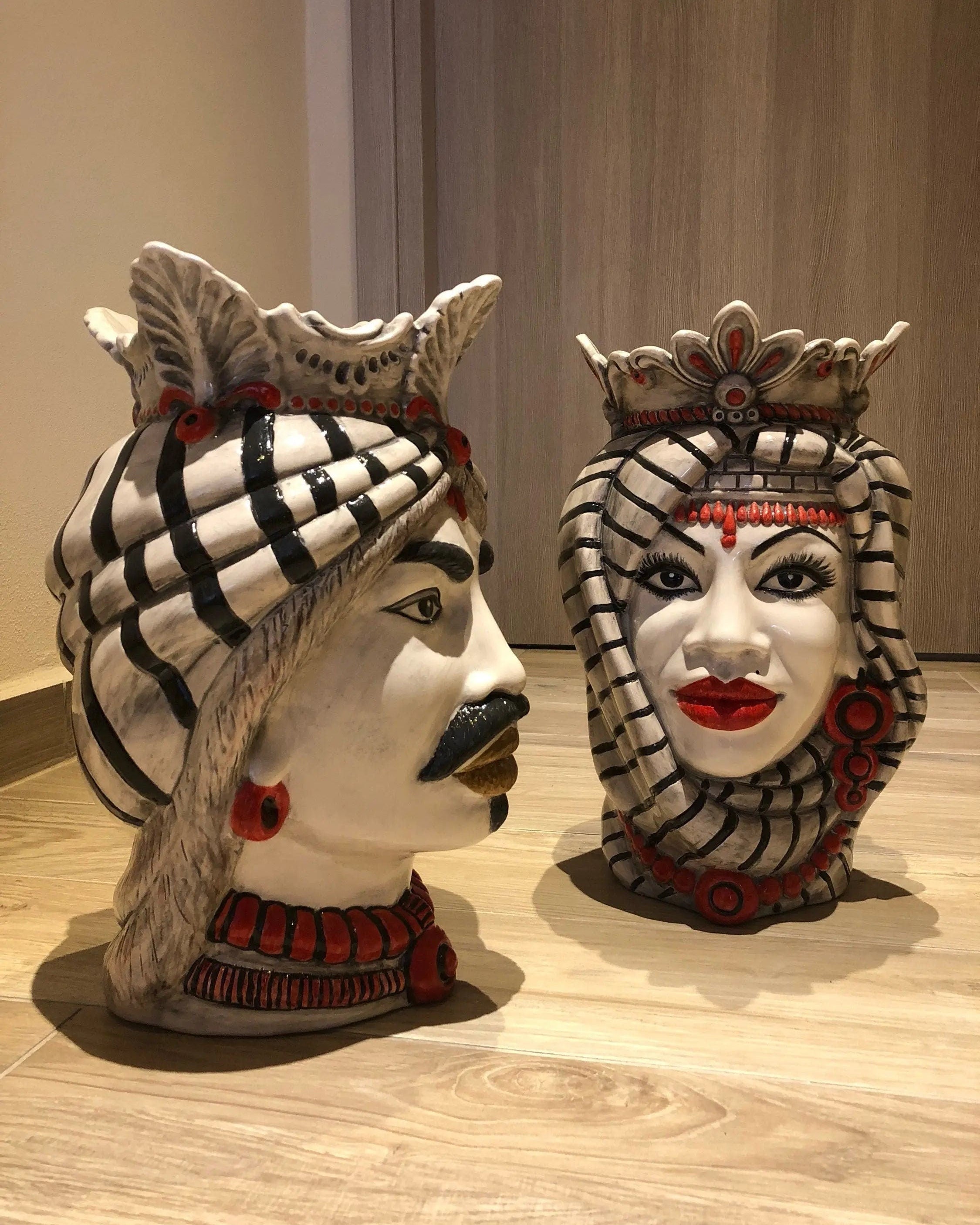 Teste di Moro Afro Ceramica Caltagirone cm H.35 L.23 Artigianale Turbante Striscie DD CERAMICHE SICILIANE