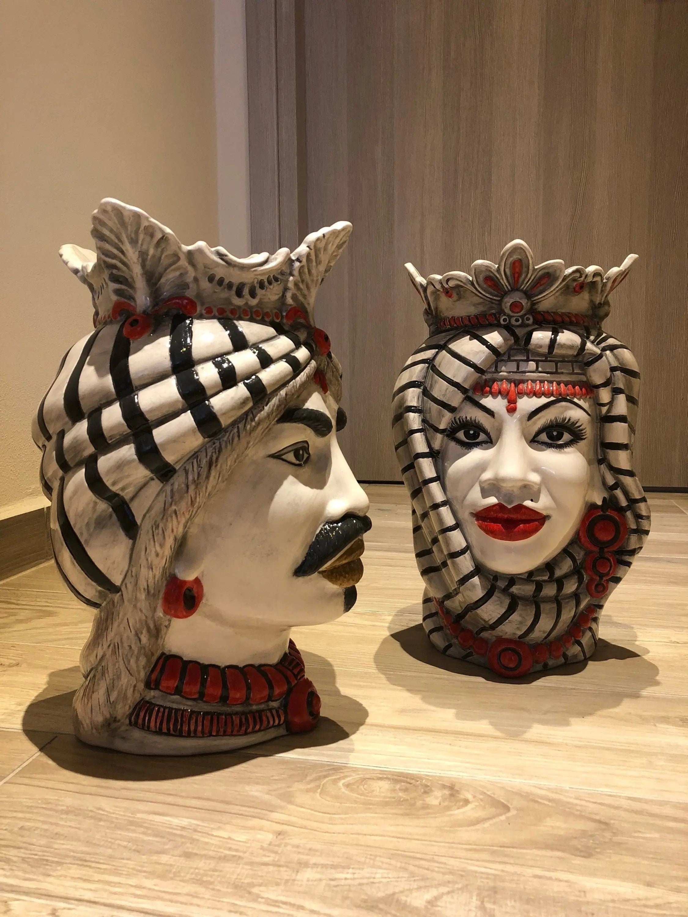 Teste di Moro Afro Ceramica Caltagirone cm H.35 L.23 Artigianale Turbante Striscie DD CERAMICHE SICILIANE