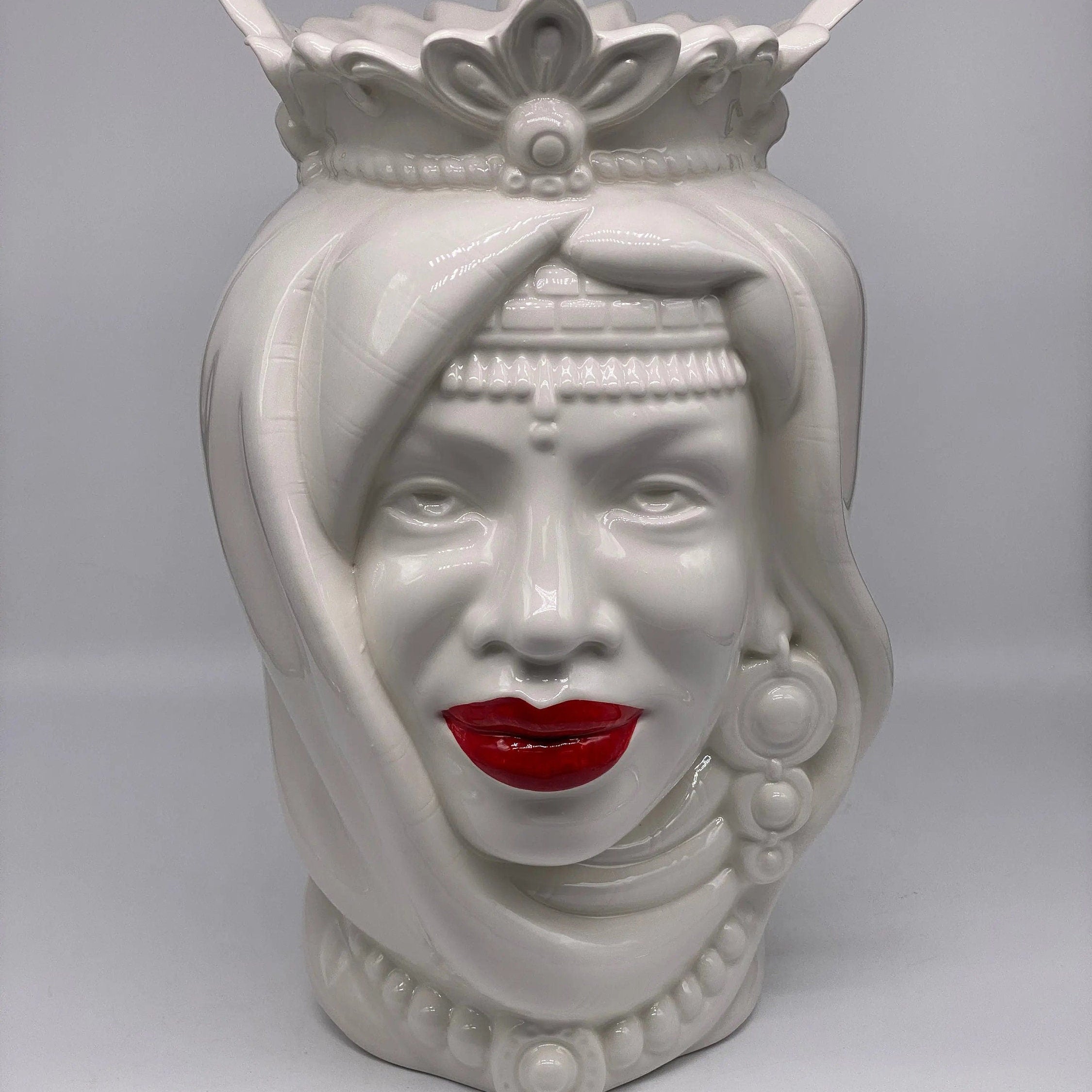 Teste di Moro Afro Ceramica Caltagirone cm H.37 L.24 Artigianale Bianco Labbra Rosse DD CERAMICHE SICILIANE