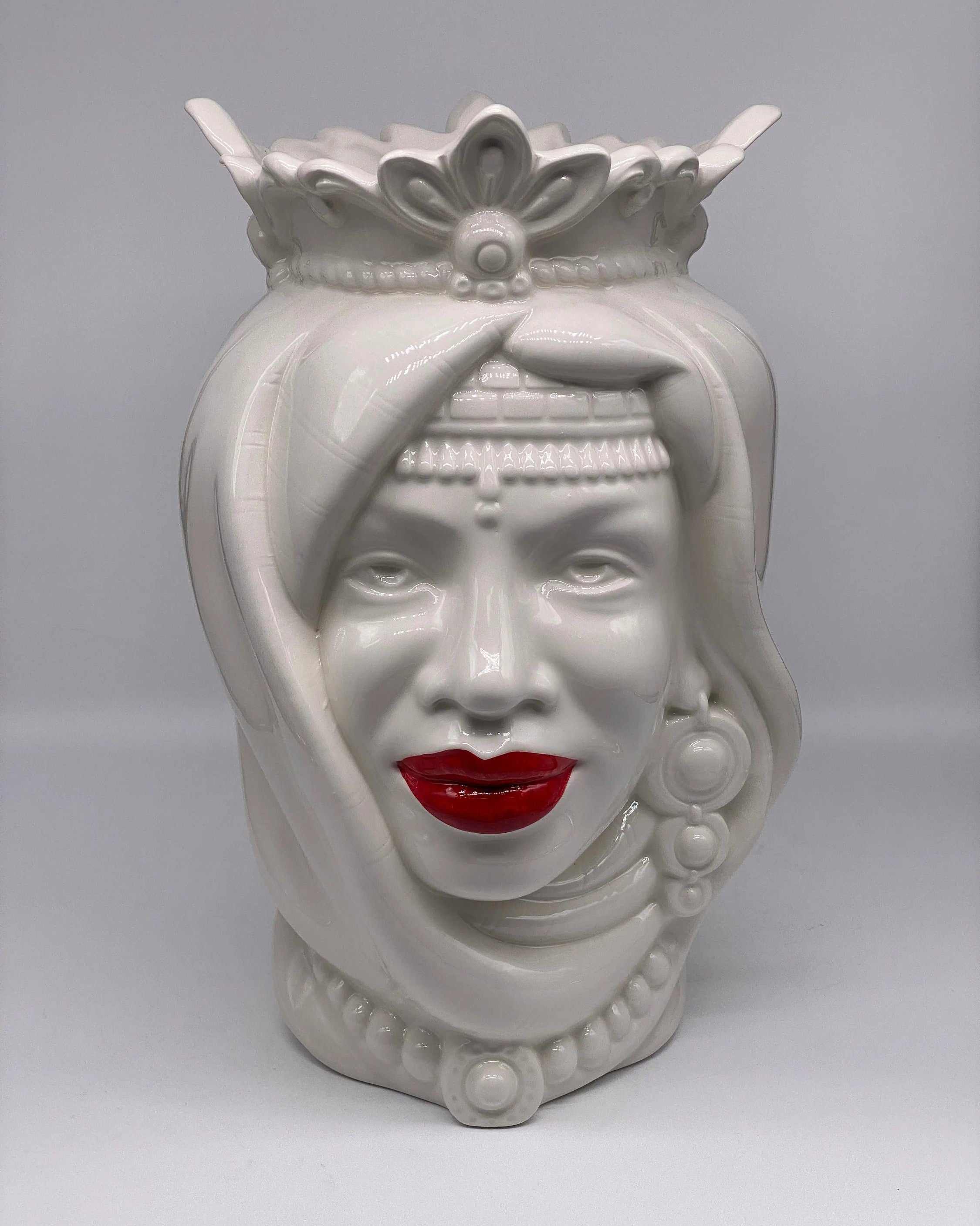 Teste di Moro Afro Ceramica Caltagirone cm H.37 L.24 Artigianale Bianco Labbra Rosse DD CERAMICHE SICILIANE