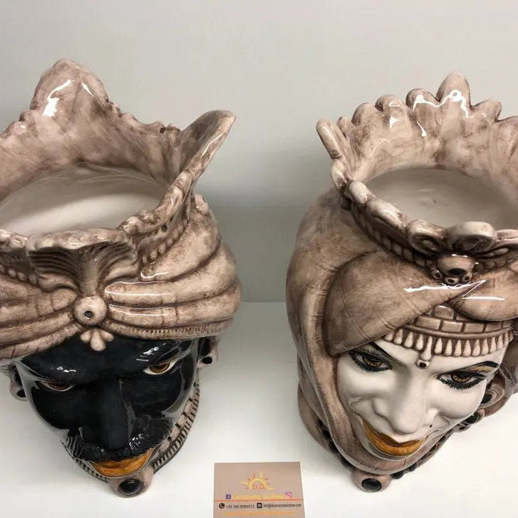 Teste di Moro Afro Ceramica Caltagirone cm H.35 L.23 Artigianale Beige Écru DD CERAMICHE SICILIANE