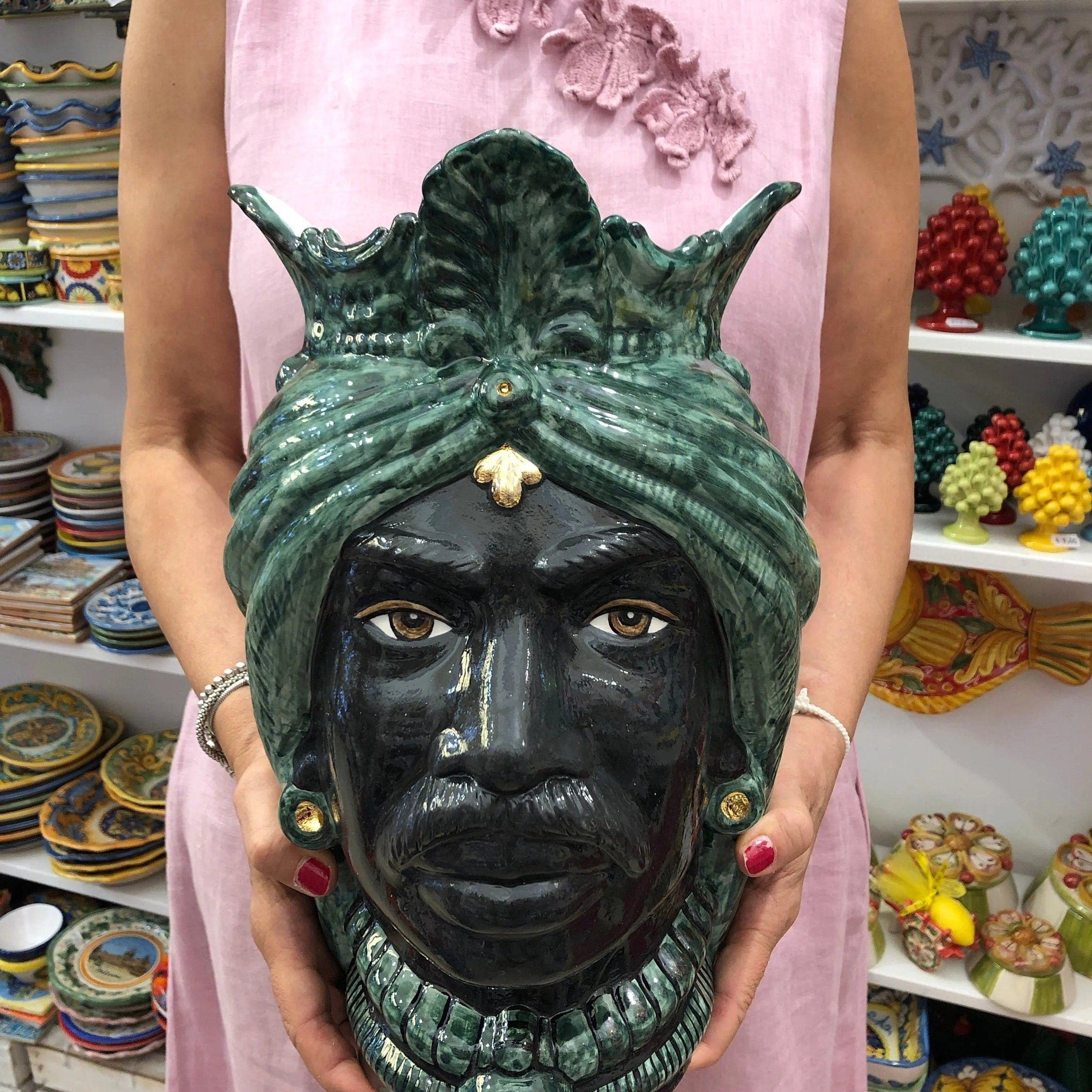 Teste di Moro Afro Ceramica Caltagirone cm H.35 L.23 Artigianale Verde con Oro DD CERAMICHE SICILIANE