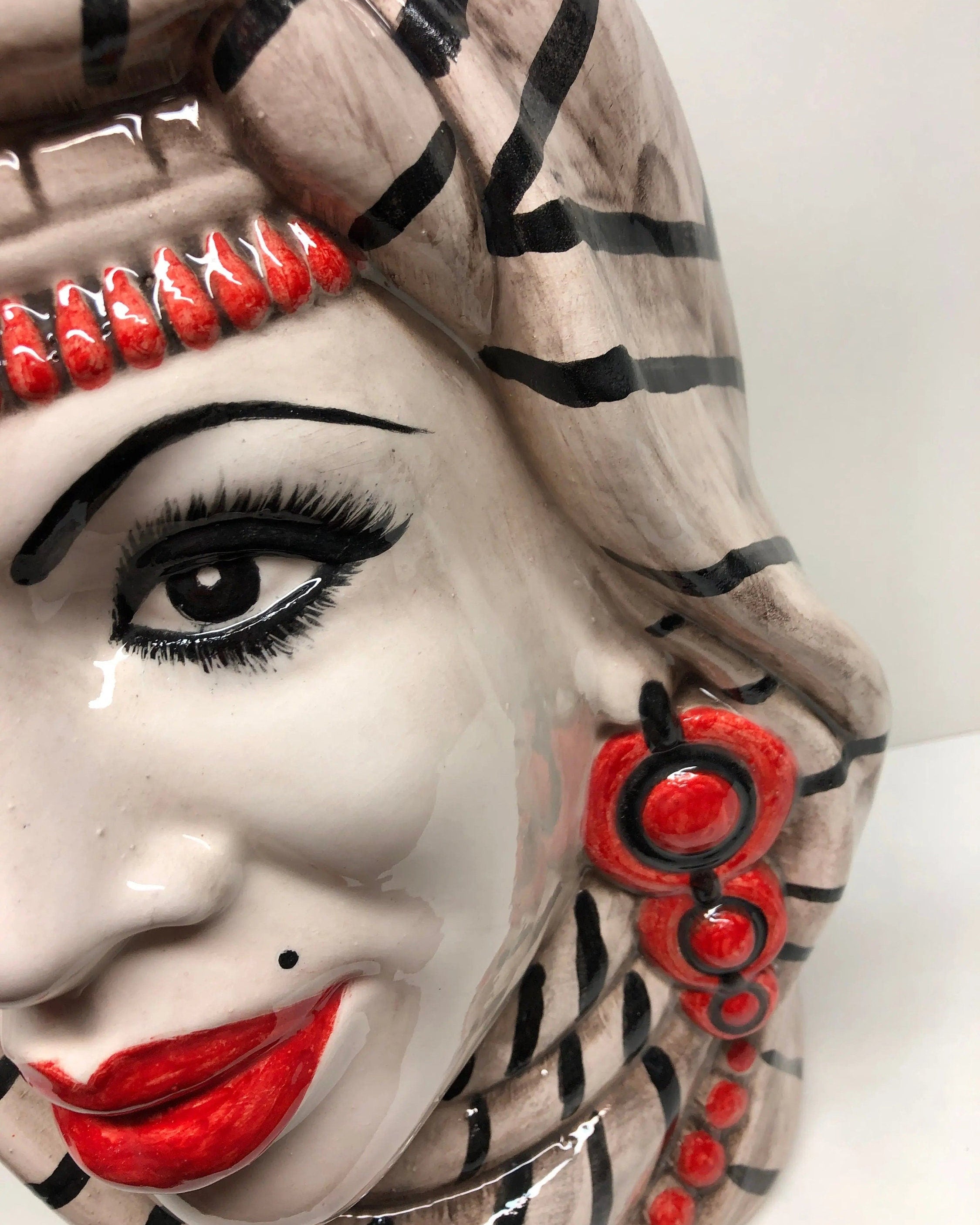 Teste di Moro Afro Ceramica Caltagirone cm H.35 L.23 Artigianale Turbante Striscie DD CERAMICHE SICILIANE