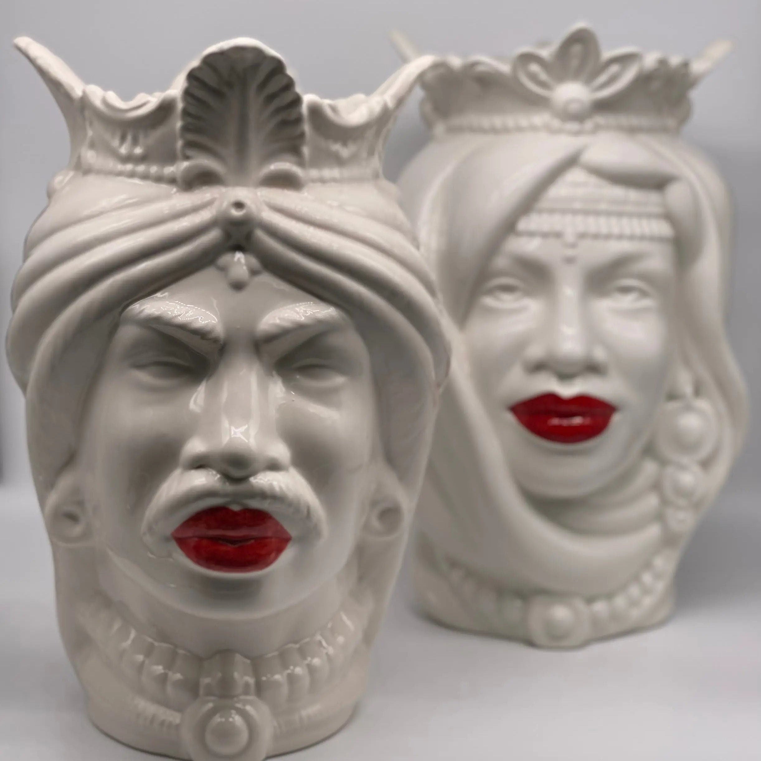 Teste di Moro Afro Ceramica Caltagirone cm H.37 L.24 Artigianale Bianco Labbra Rosse DD CERAMICHE SICILIANE