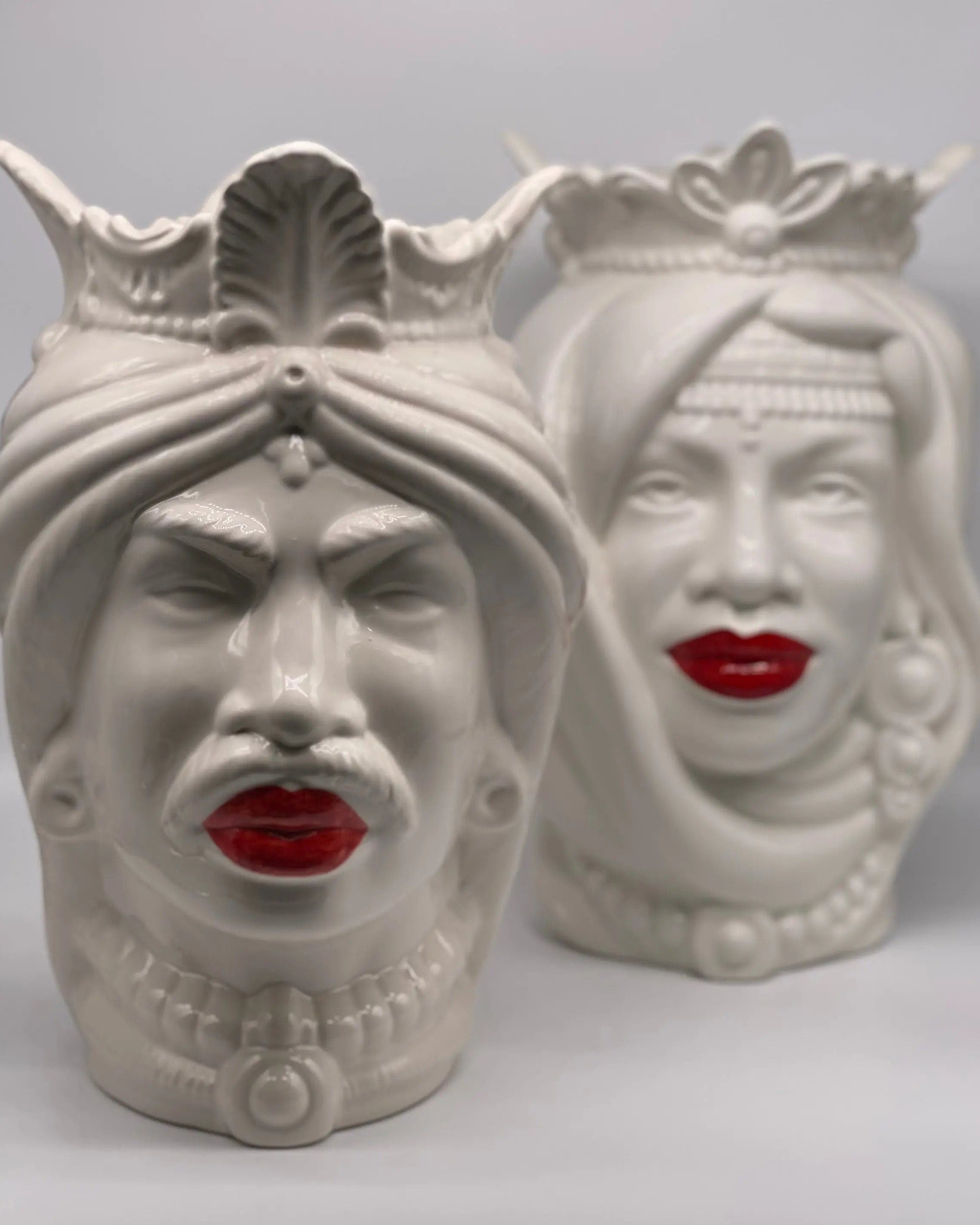 Teste di Moro Afro Ceramica Caltagirone cm H.37 L.24 Artigianale Bianco Labbra Rosse DD CERAMICHE SICILIANE