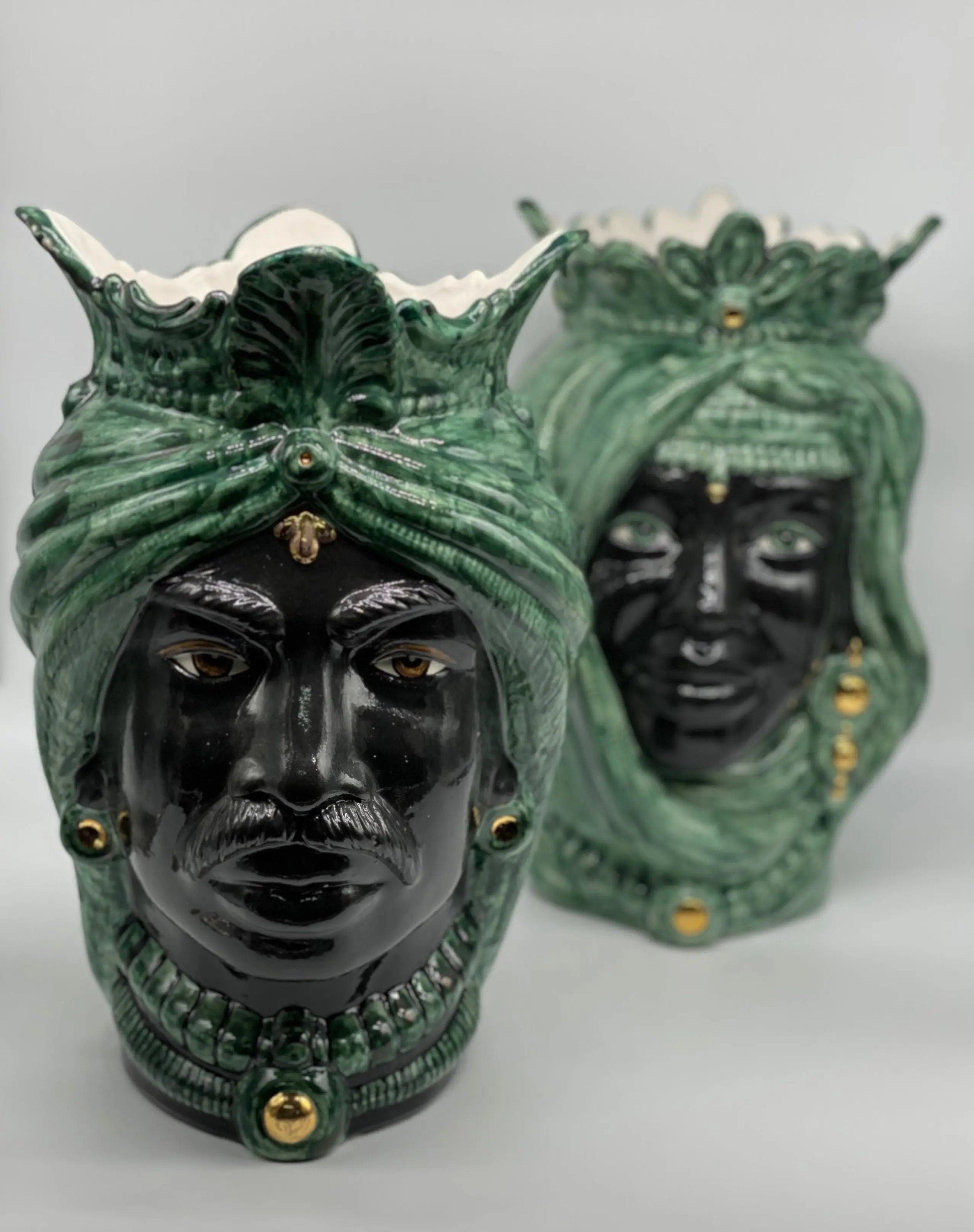 Teste di Moro Afro Ceramica Caltagirone cm H.35 L.23 Artigianale Verde con Oro DD CERAMICHE SICILIANE