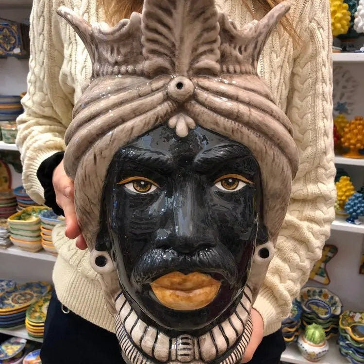 Teste di Moro Afro Ceramica Caltagirone cm H.35 L.23 Artigianale Beige Écru DD CERAMICHE SICILIANE