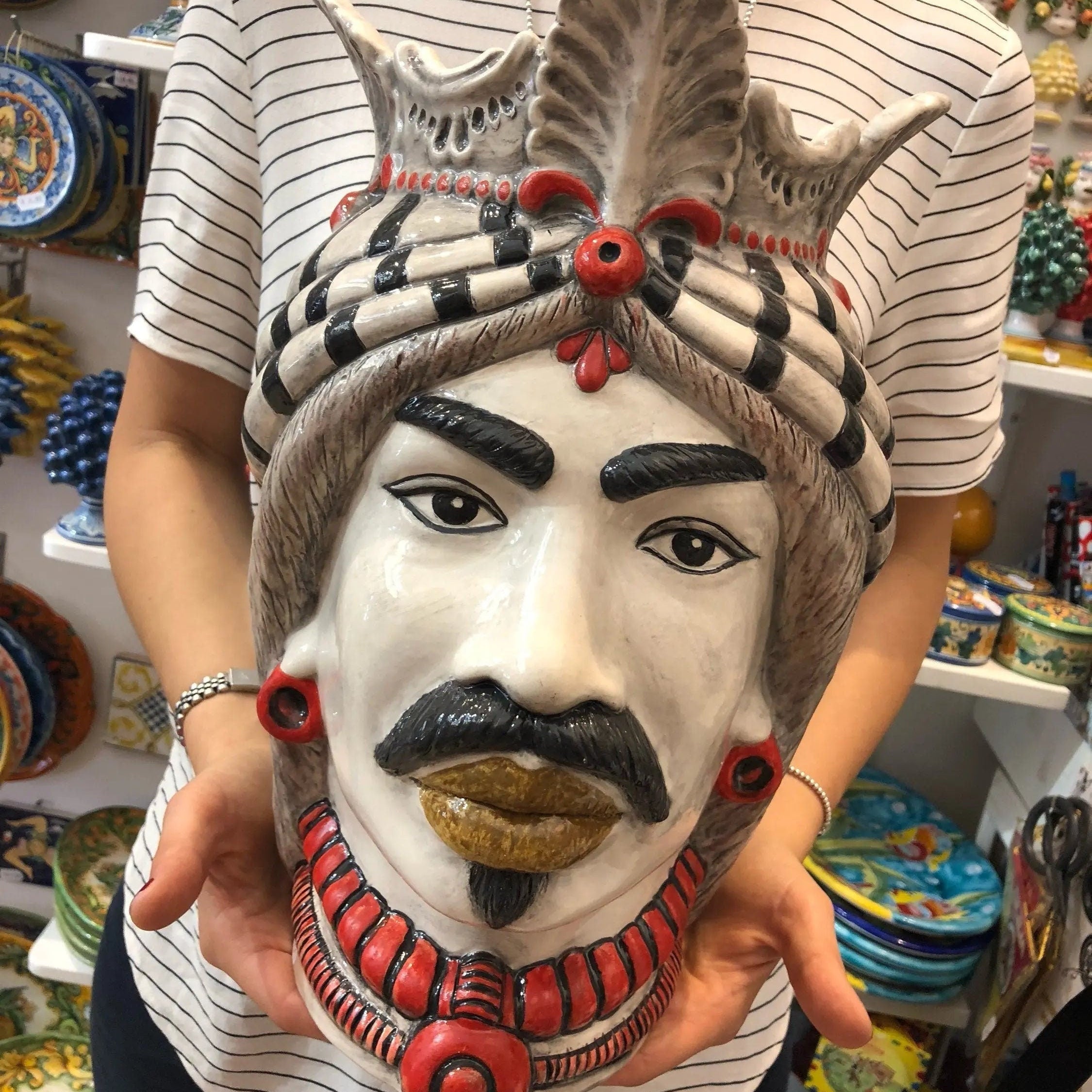 Teste di Moro Afro Ceramica Caltagirone cm H.35 L.23 Artigianale Turbante Striscie DD CERAMICHE SICILIANE