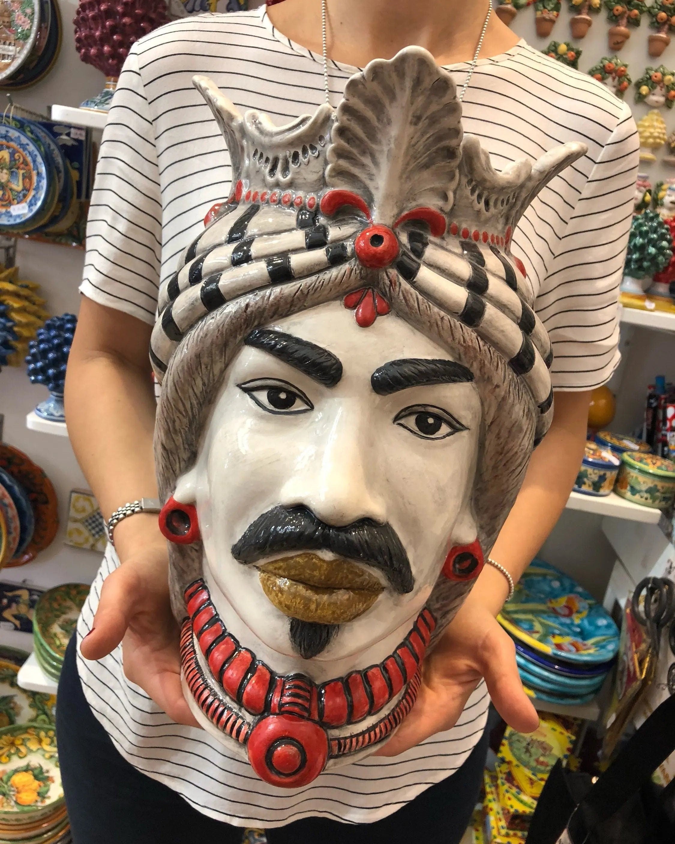 Teste di Moro Afro Ceramica Caltagirone cm H.35 L.23 Artigianale Turbante Striscie DD CERAMICHE SICILIANE