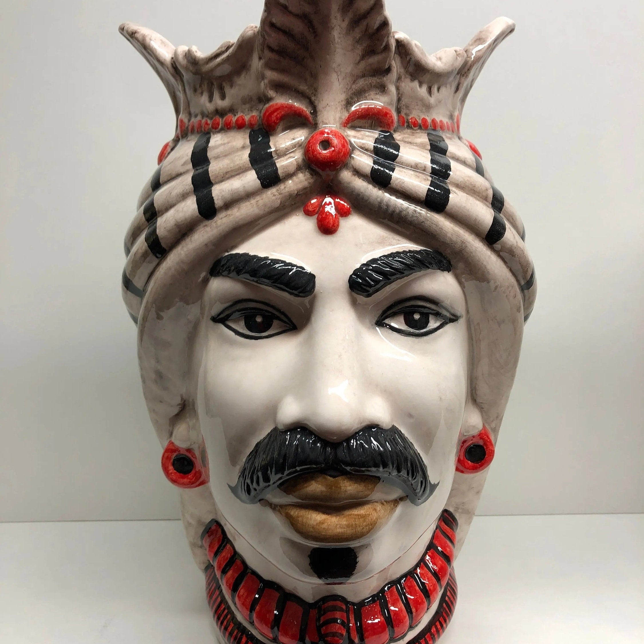 Teste di Moro Afro Ceramica Caltagirone cm H.35 L.23 Artigianale Turbante Striscie DD CERAMICHE SICILIANE