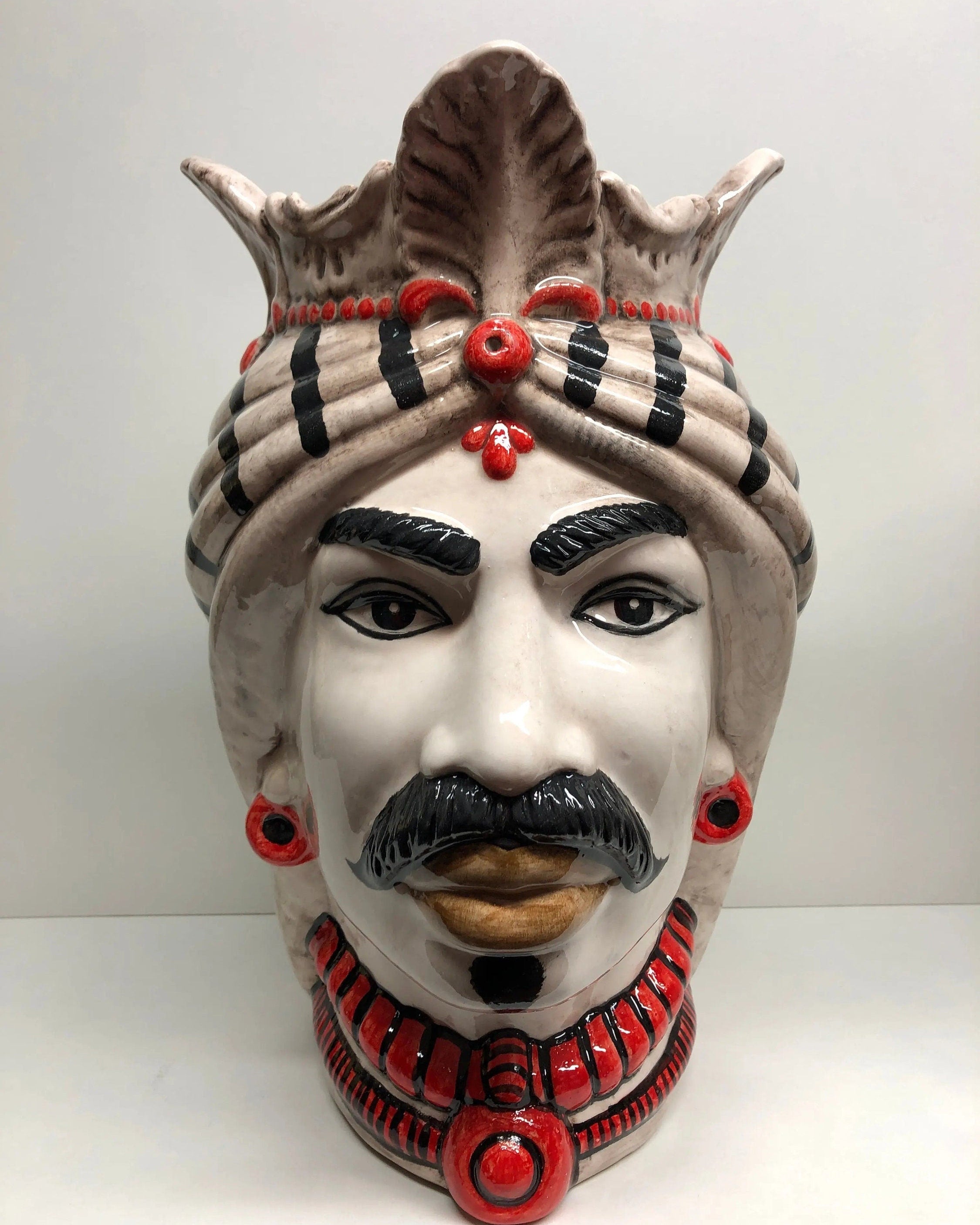 Teste di Moro Afro Ceramica Caltagirone cm H.35 L.23 Artigianale Turbante Striscie DD CERAMICHE SICILIANE