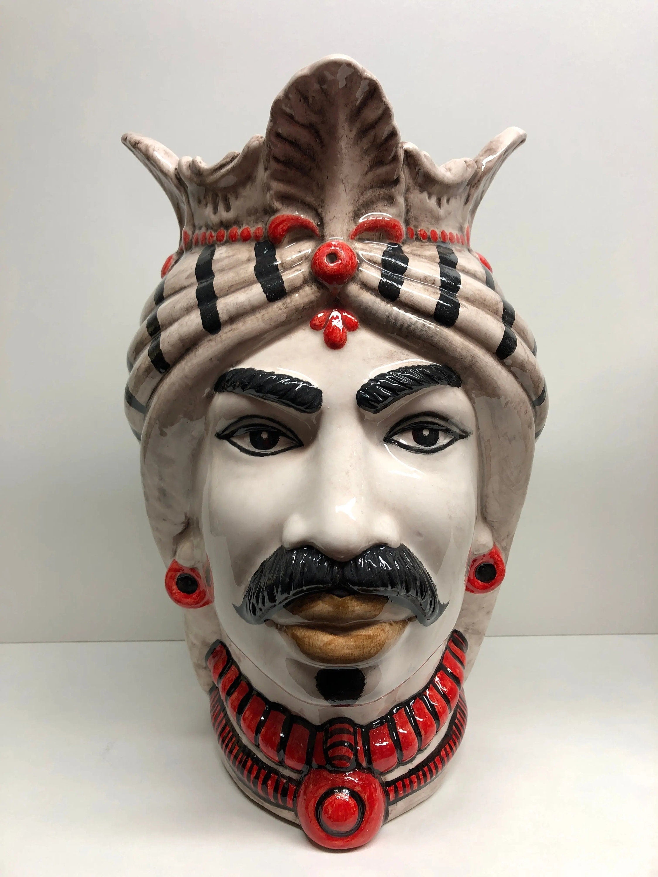 Teste di Moro Afro Ceramica Caltagirone cm H.35 L.23 Artigianale Turbante Striscie DD CERAMICHE SICILIANE