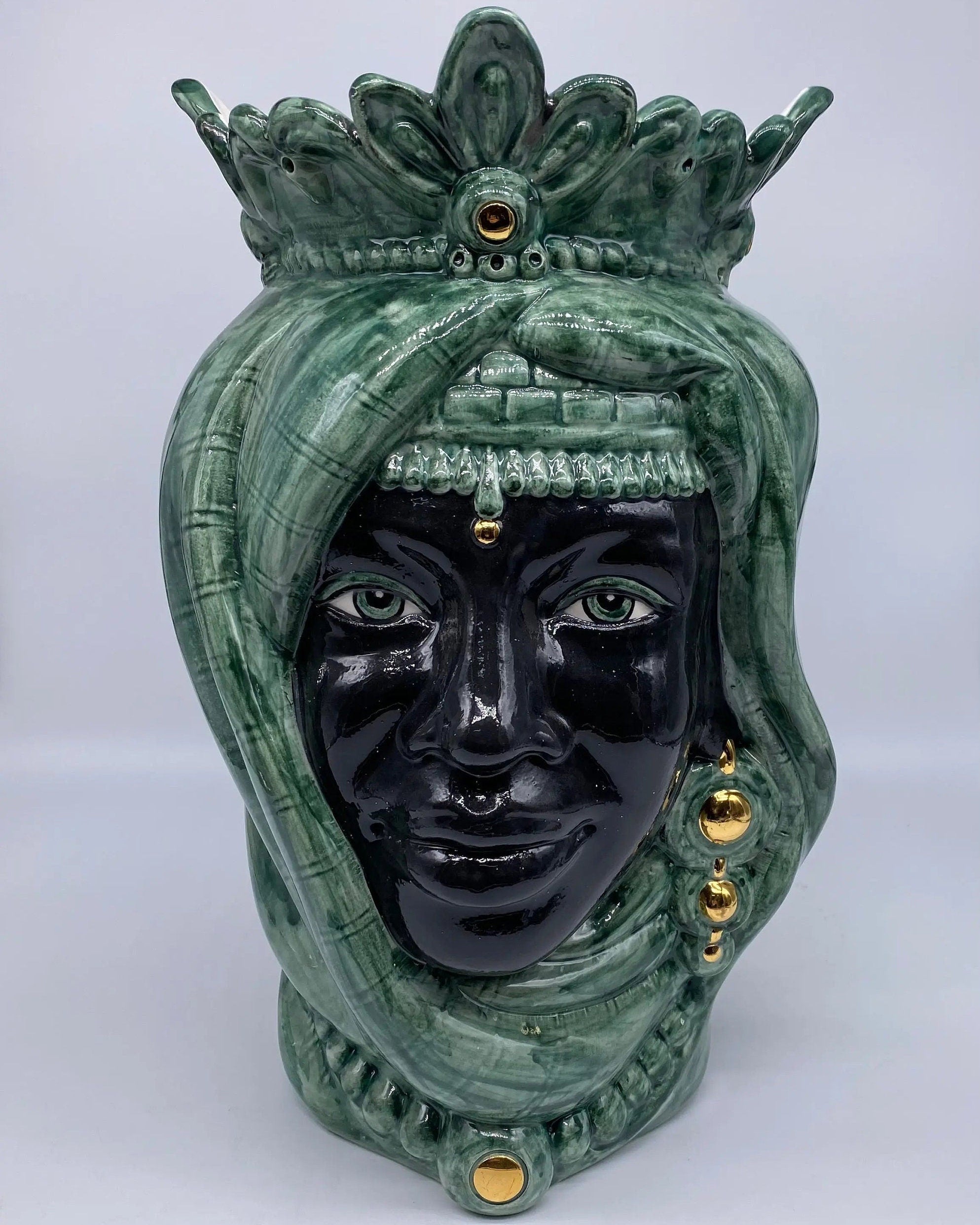 Teste di Moro Afro Ceramica Caltagirone cm H.35 L.23 Artigianale Verde con Oro DD CERAMICHE SICILIANE