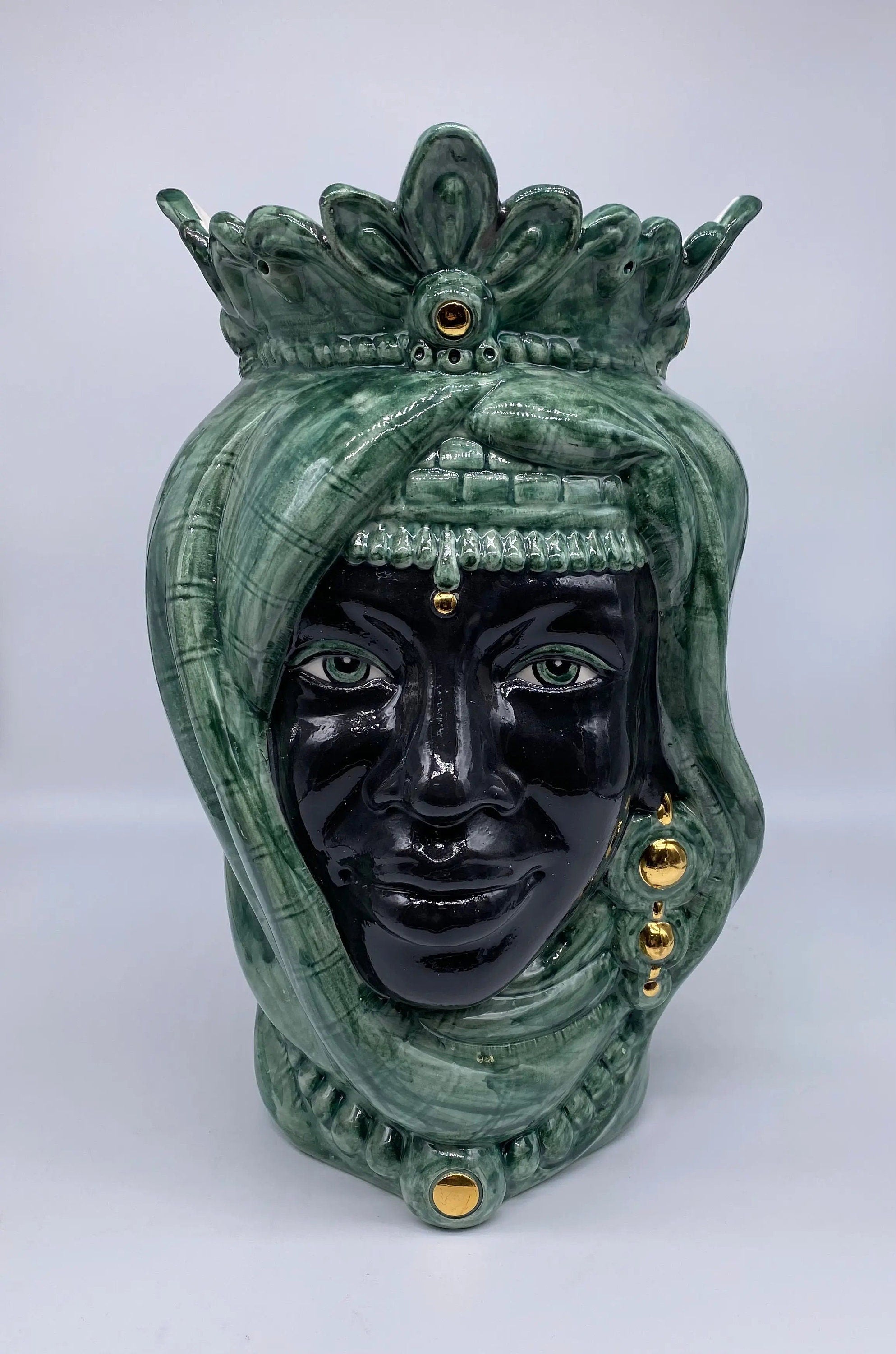 Teste di Moro Afro Ceramica Caltagirone cm H.35 L.23 Artigianale Verde con Oro DD CERAMICHE SICILIANE