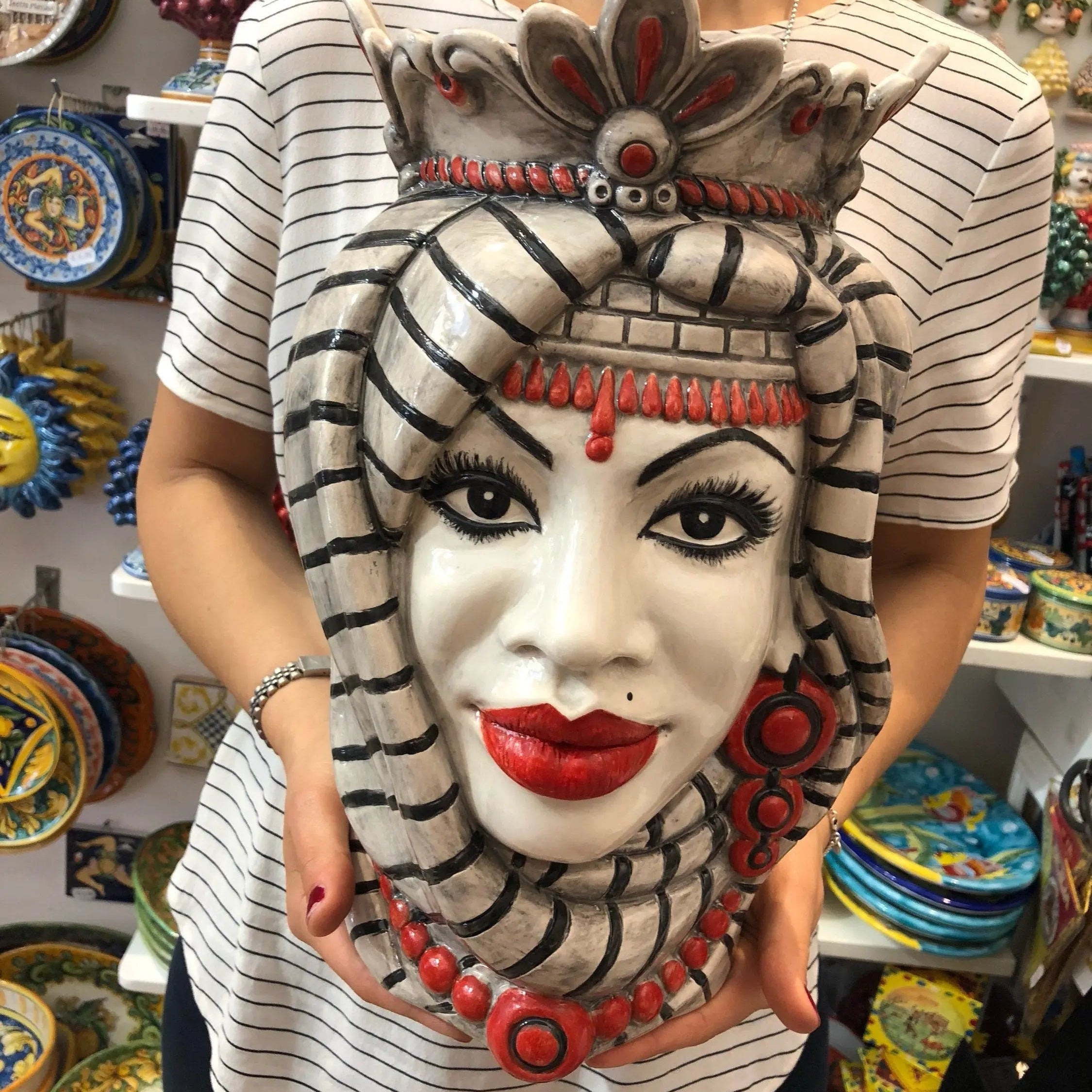 Teste di Moro Afro Ceramica Caltagirone cm H.35 L.23 Artigianale Turbante Striscie DD CERAMICHE SICILIANE