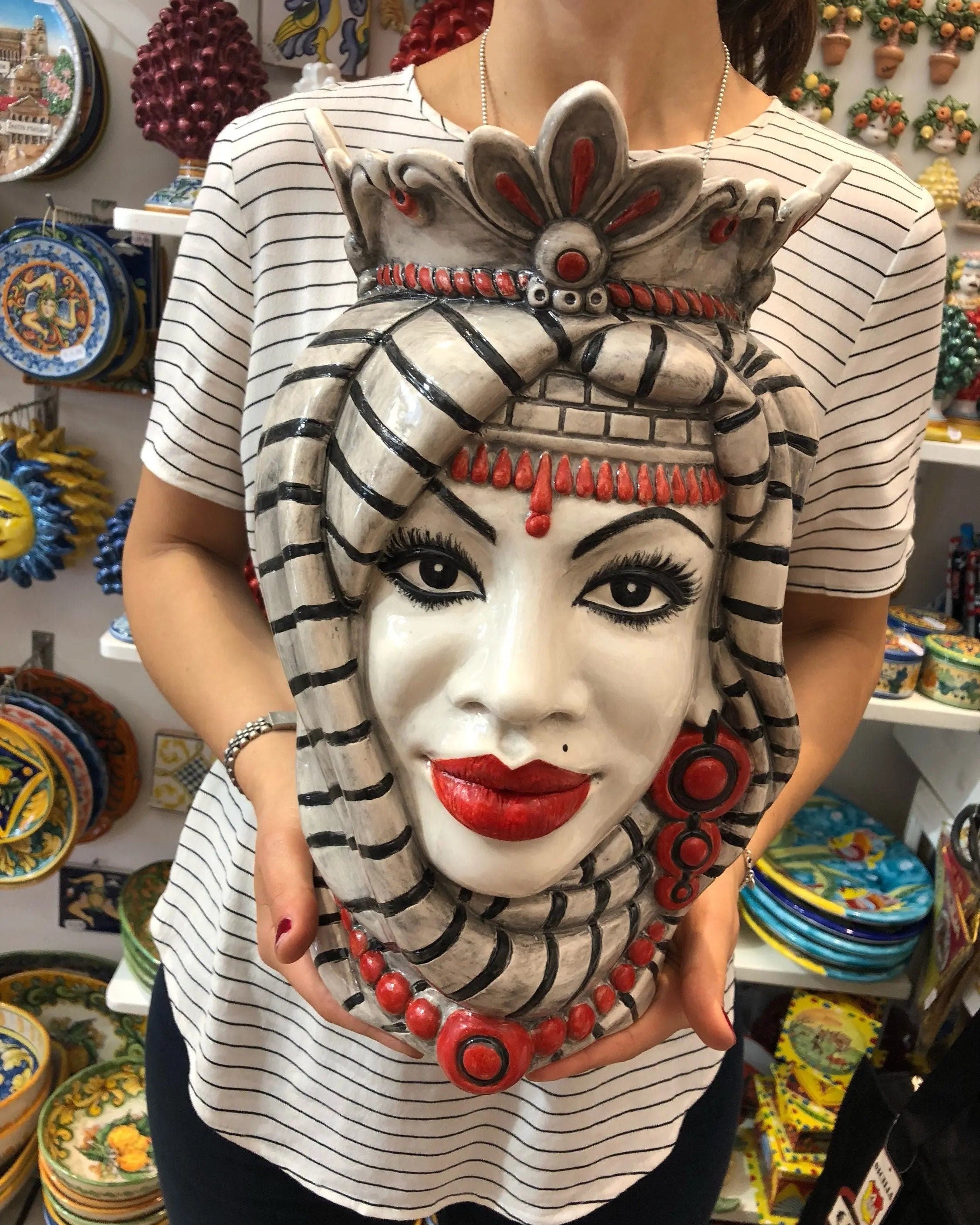 Teste di Moro Afro Ceramica Caltagirone cm H.35 L.23 Artigianale Turbante Striscie DD CERAMICHE SICILIANE