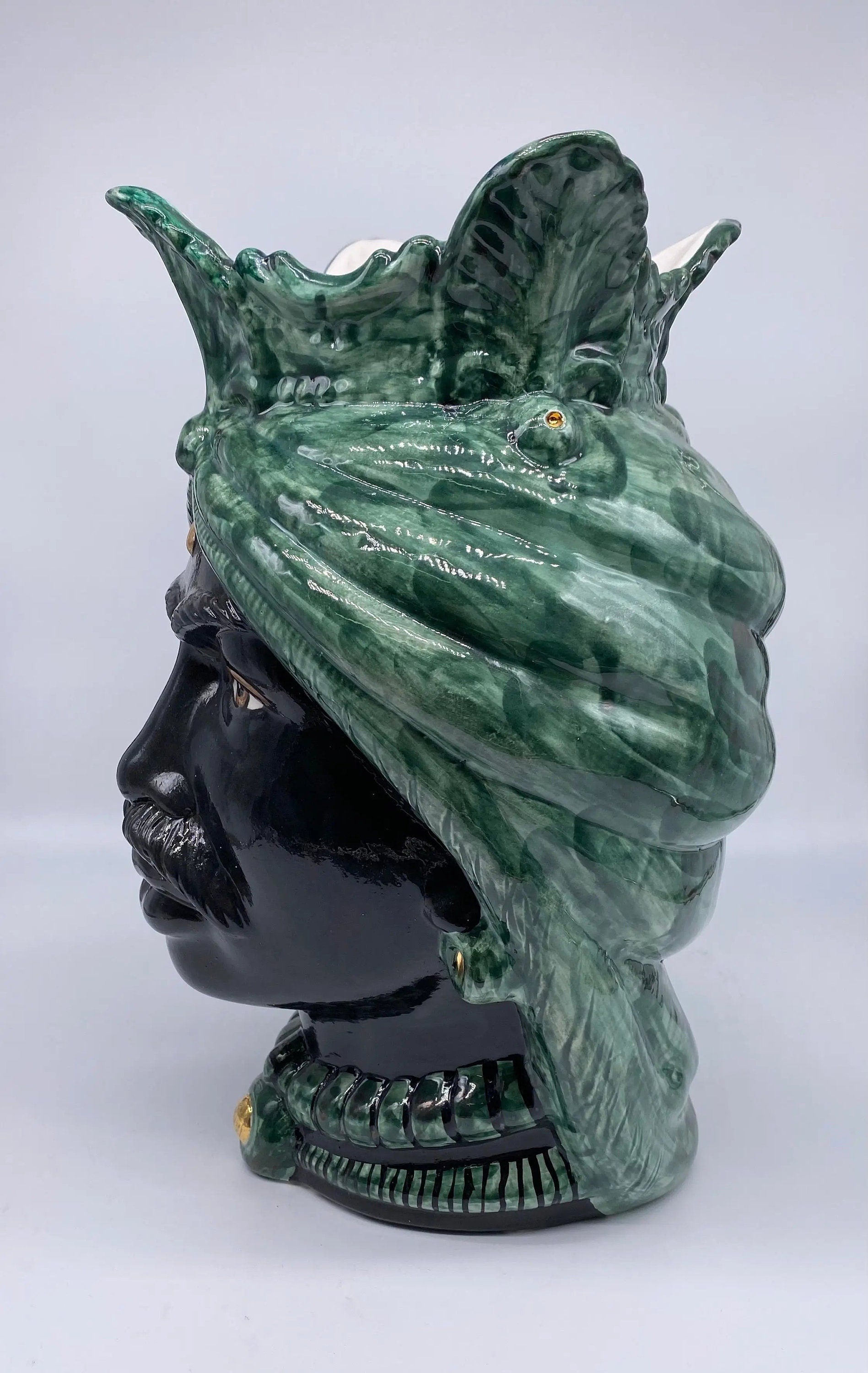 Teste di Moro Afro Ceramica Caltagirone cm H.35 L.23 Artigianale Verde con Oro DD CERAMICHE SICILIANE