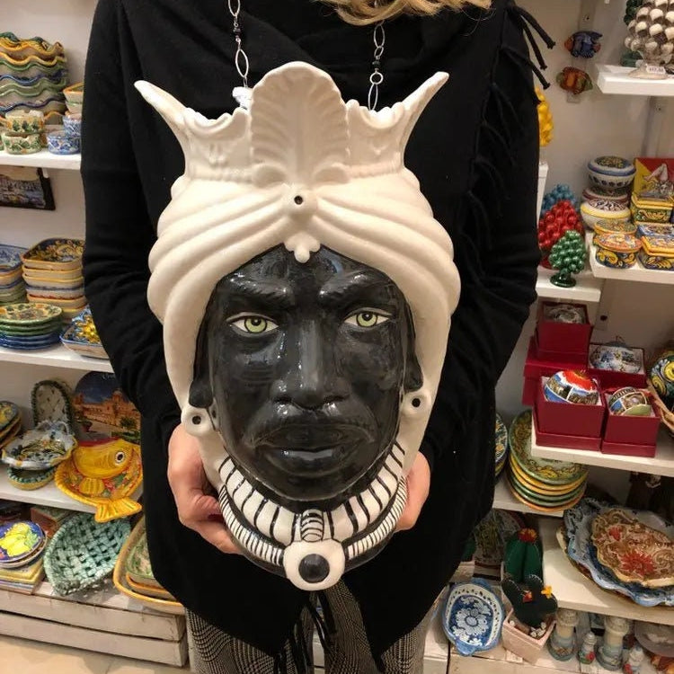 Teste di Moro Afro Ceramica Caltagirone cm H.35 L.23 Artigianale Bicolore Bianco Nero DD CERAMICHE SICILIANE