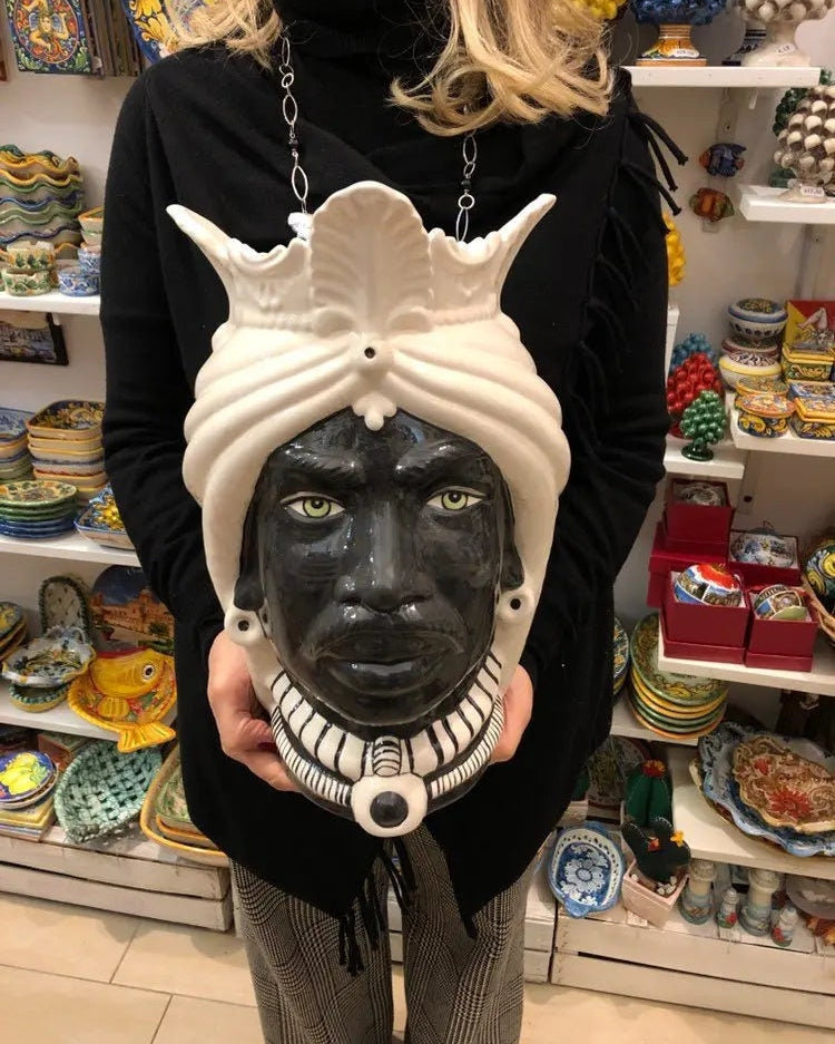 Teste di Moro Afro Ceramica Caltagirone cm H.35 L.23 Artigianale Bicolore Bianco Nero DD CERAMICHE SICILIANE