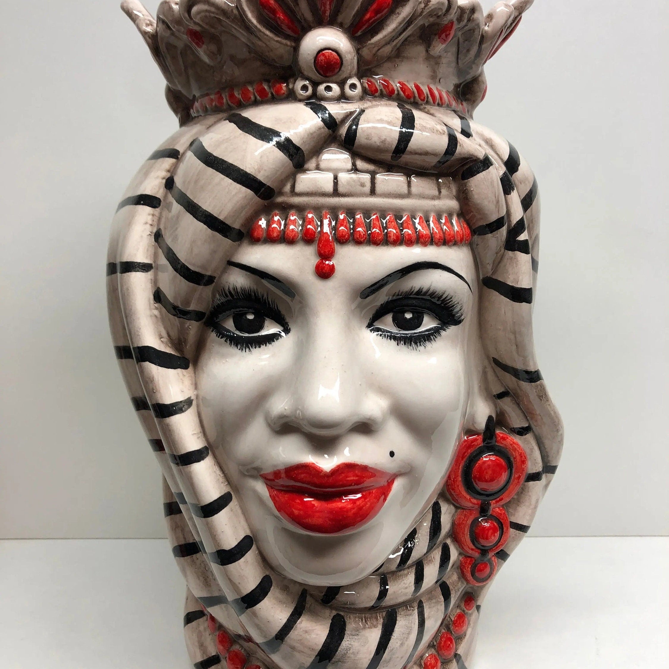 Teste di Moro Afro Ceramica Caltagirone cm H.35 L.23 Artigianale Turbante Striscie DD CERAMICHE SICILIANE