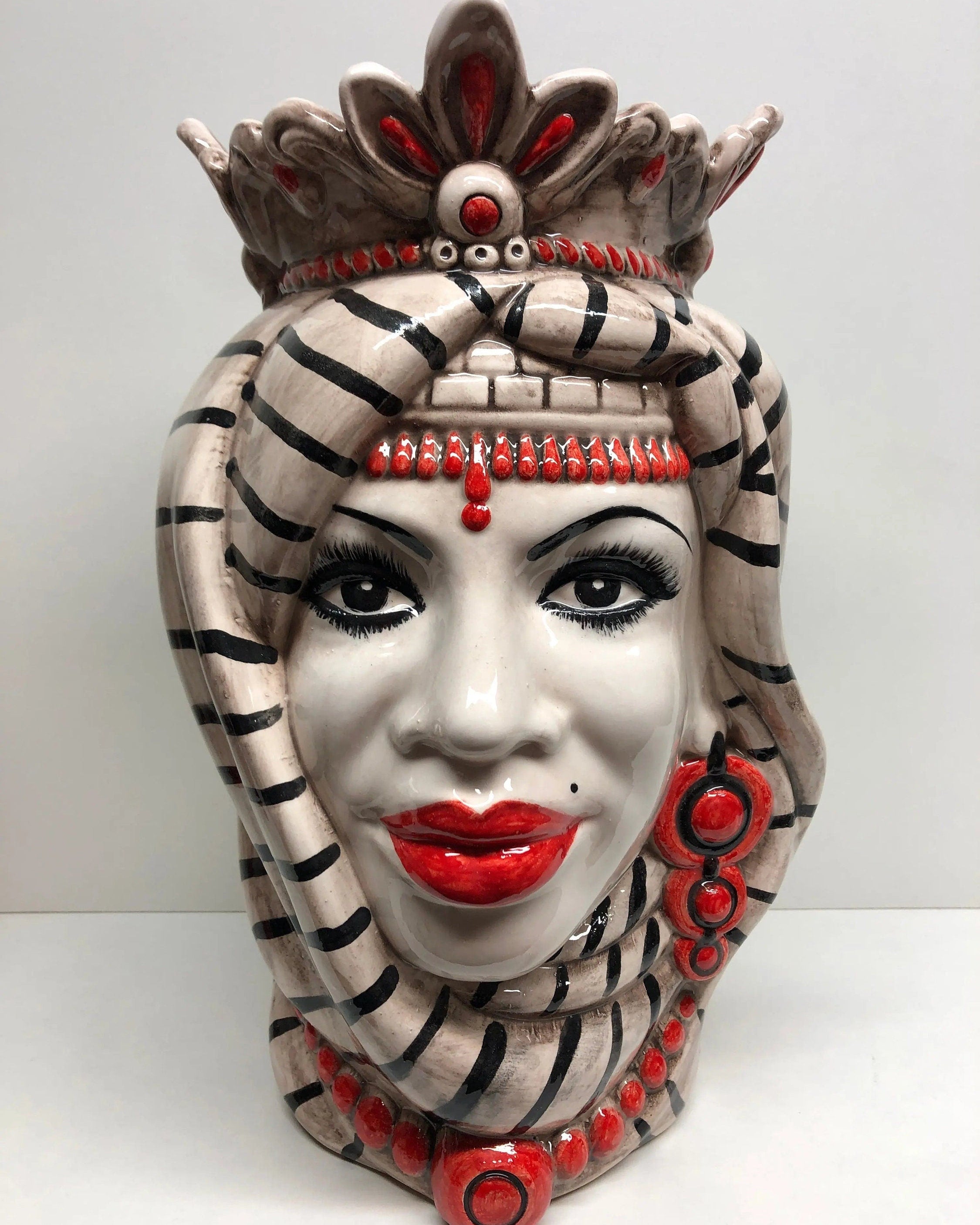 Teste di Moro Afro Ceramica Caltagirone cm H.35 L.23 Artigianale Turbante Striscie DD CERAMICHE SICILIANE