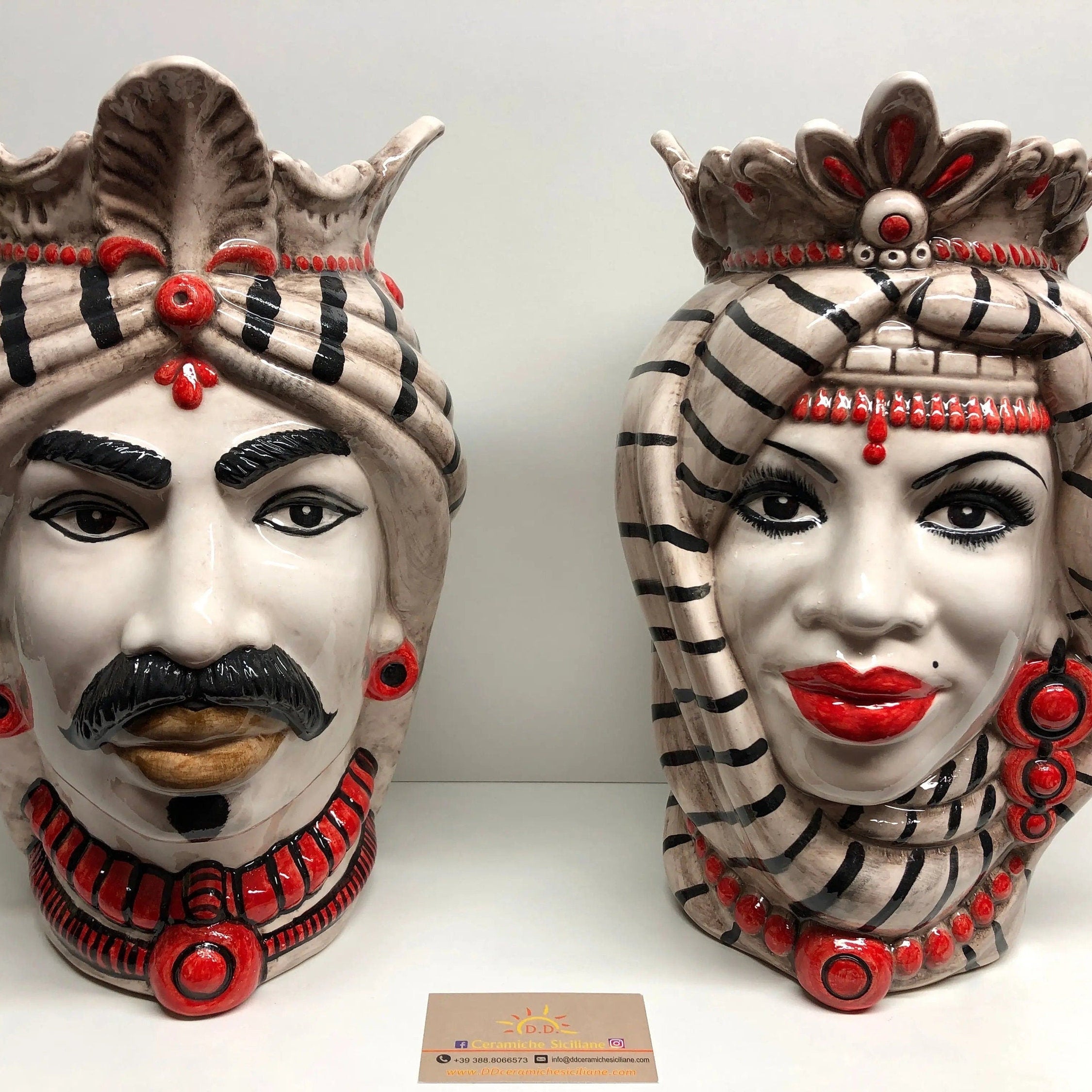 Teste di Moro Afro Ceramica Caltagirone cm H.35 L.23 Artigianale Turbante Striscie DD CERAMICHE SICILIANE