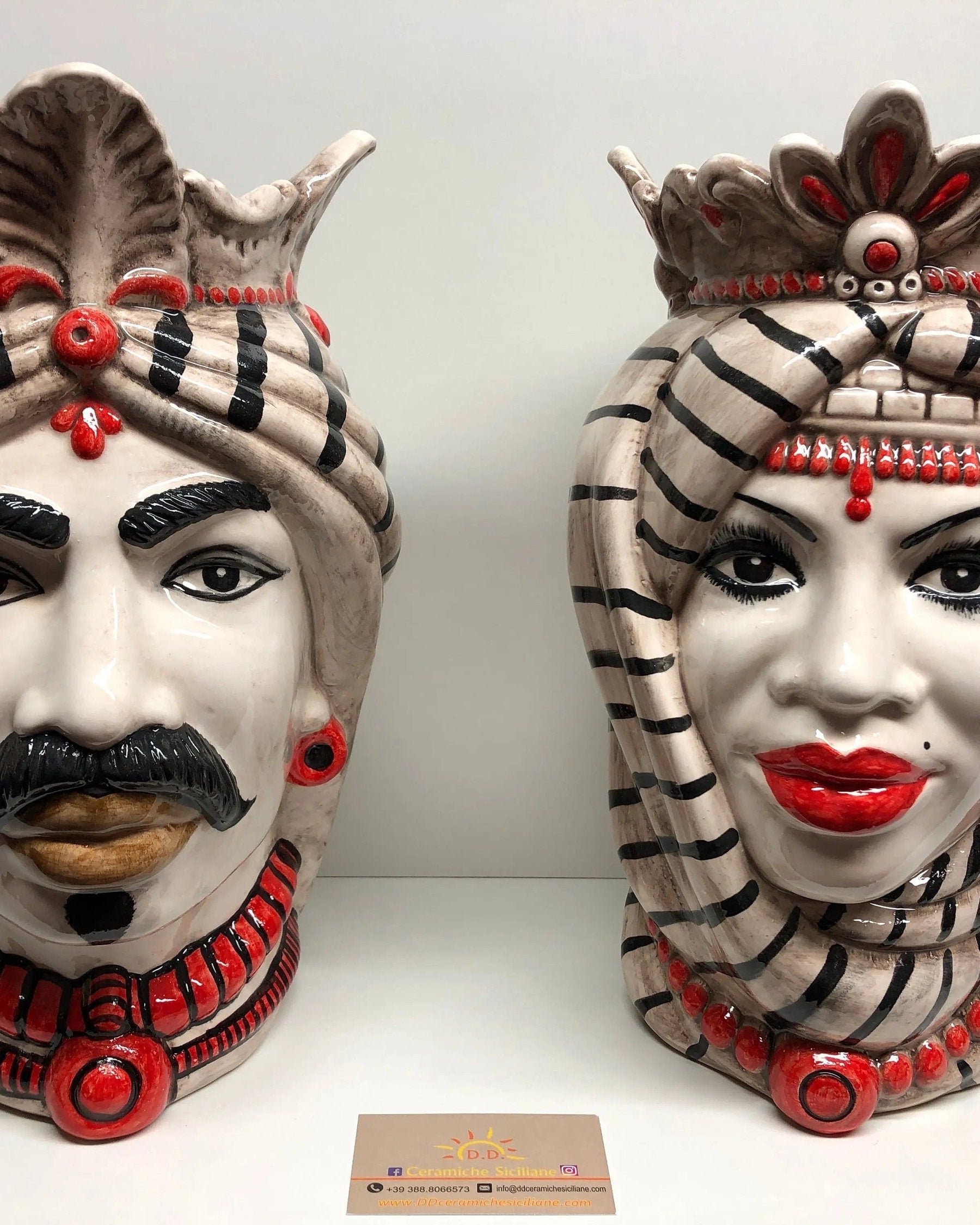 Teste di Moro Afro Ceramica Caltagirone cm H.35 L.23 Artigianale Turbante Striscie DD CERAMICHE SICILIANE