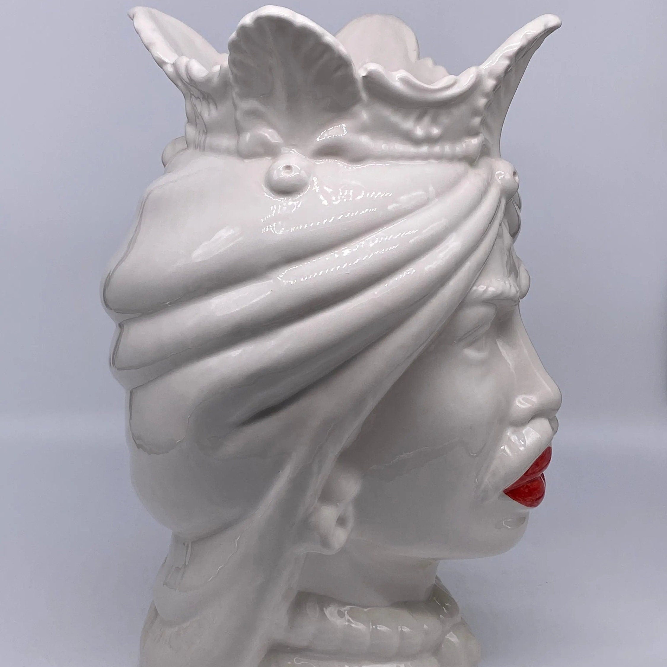 Teste di Moro Afro Ceramica Caltagirone cm H.37 L.24 Artigianale Bianco Labbra Rosse DD CERAMICHE SICILIANE