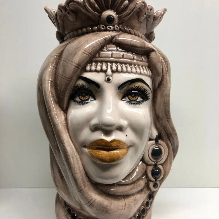 Teste di Moro Afro Ceramica Caltagirone cm H.35 L.23 Artigianale Beige Écru DD CERAMICHE SICILIANE