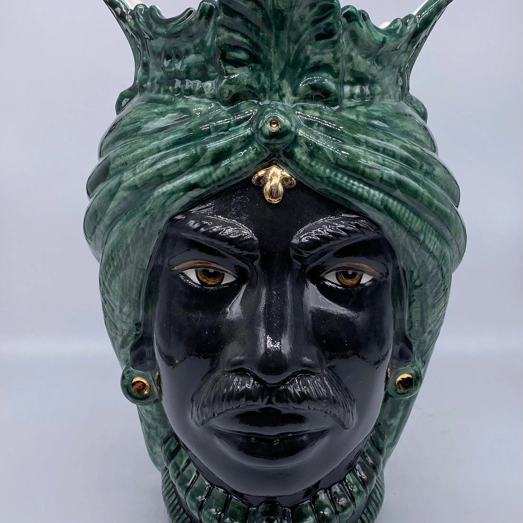 Teste di Moro Afro Ceramica Caltagirone cm H.35 L.23 Artigianale Verde con Oro DD CERAMICHE SICILIANE