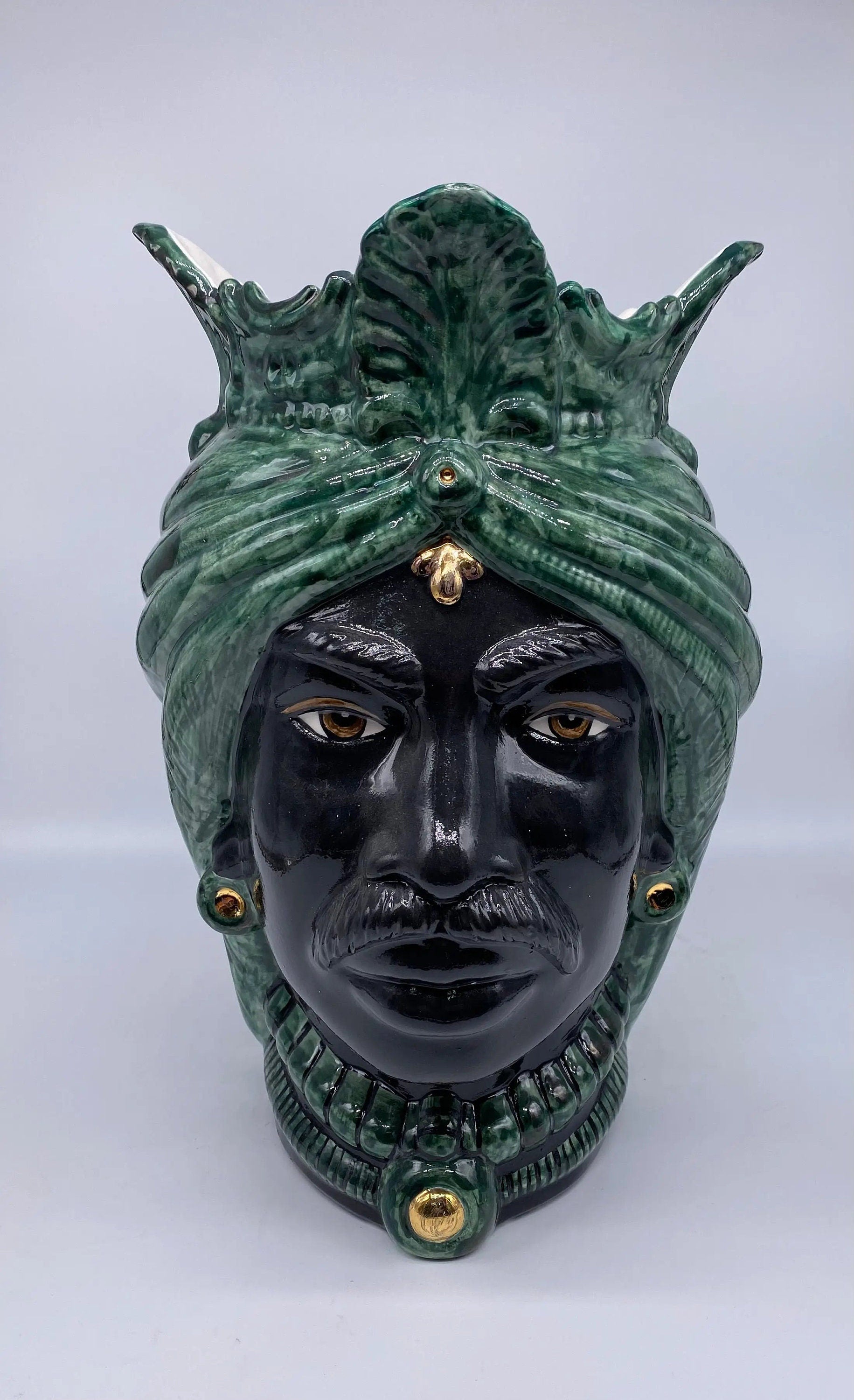 Teste di Moro Afro Ceramica Caltagirone cm H.35 L.23 Artigianale Verde con Oro DD CERAMICHE SICILIANE