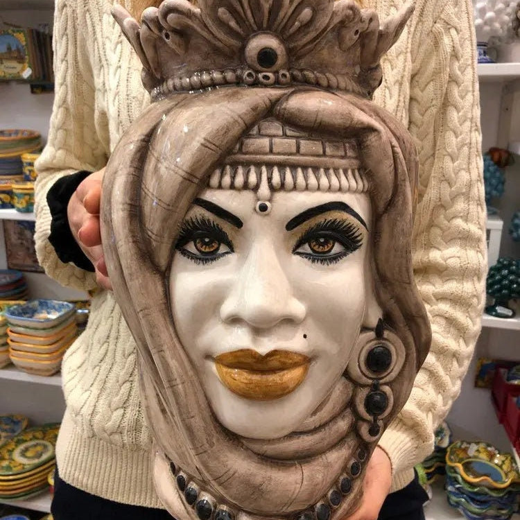 Teste di Moro Afro Ceramica Caltagirone cm H.35 L.23 Artigianale Beige Écru DD CERAMICHE SICILIANE