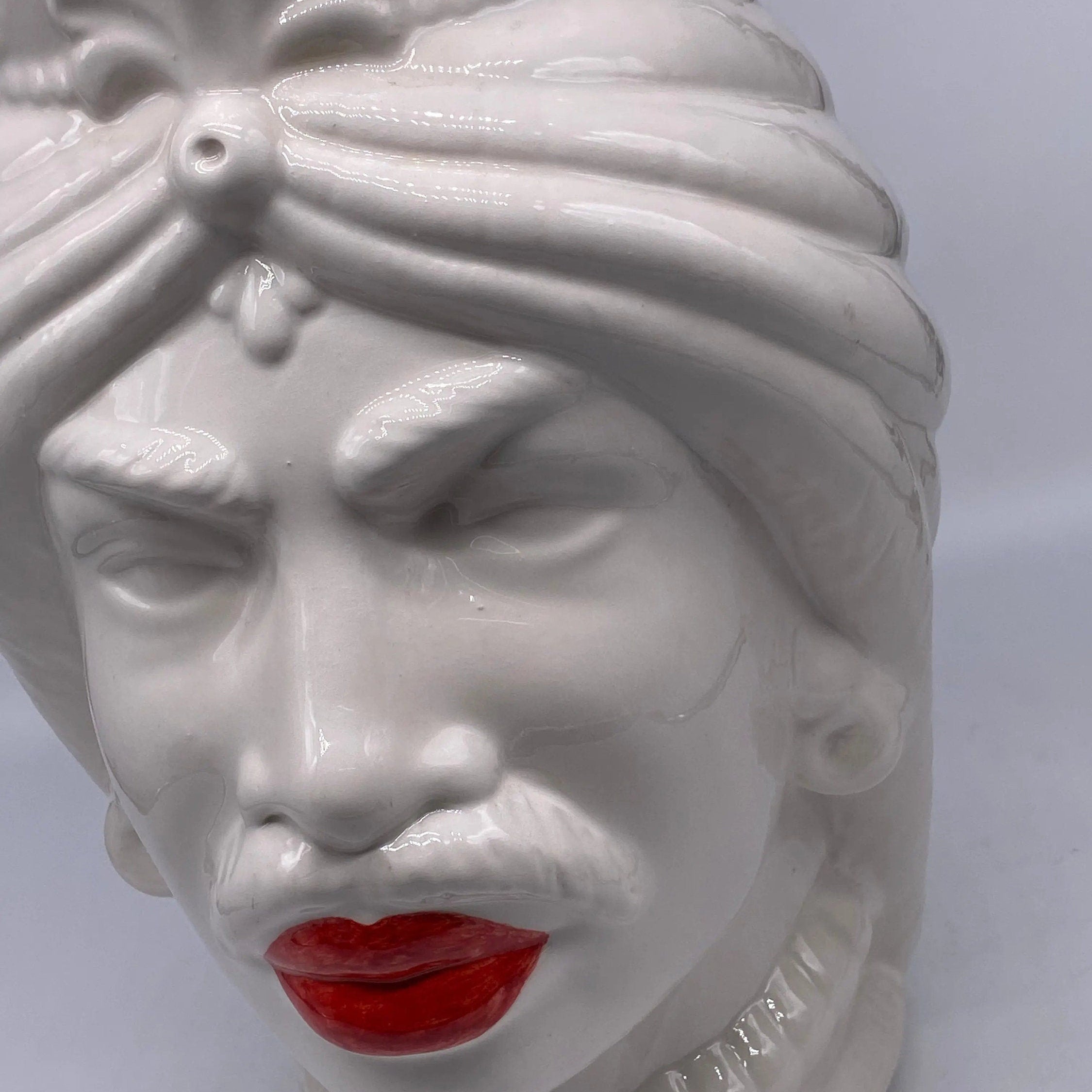 Teste di Moro Afro Ceramica Caltagirone cm H.37 L.24 Artigianale Bianco Labbra Rosse DD CERAMICHE SICILIANE