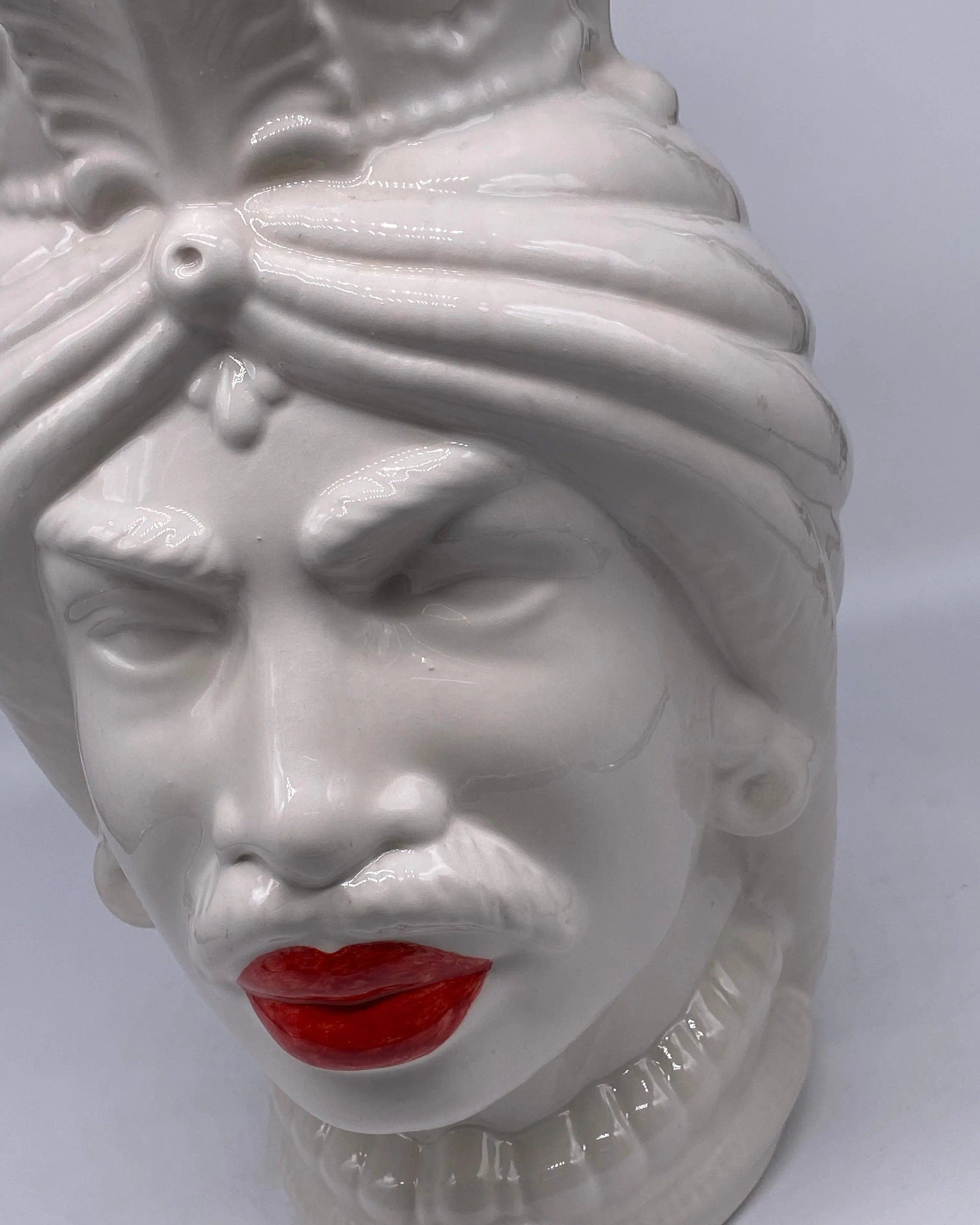 Teste di Moro Afro Ceramica Caltagirone cm H.37 L.24 Artigianale Bianco Labbra Rosse DD CERAMICHE SICILIANE