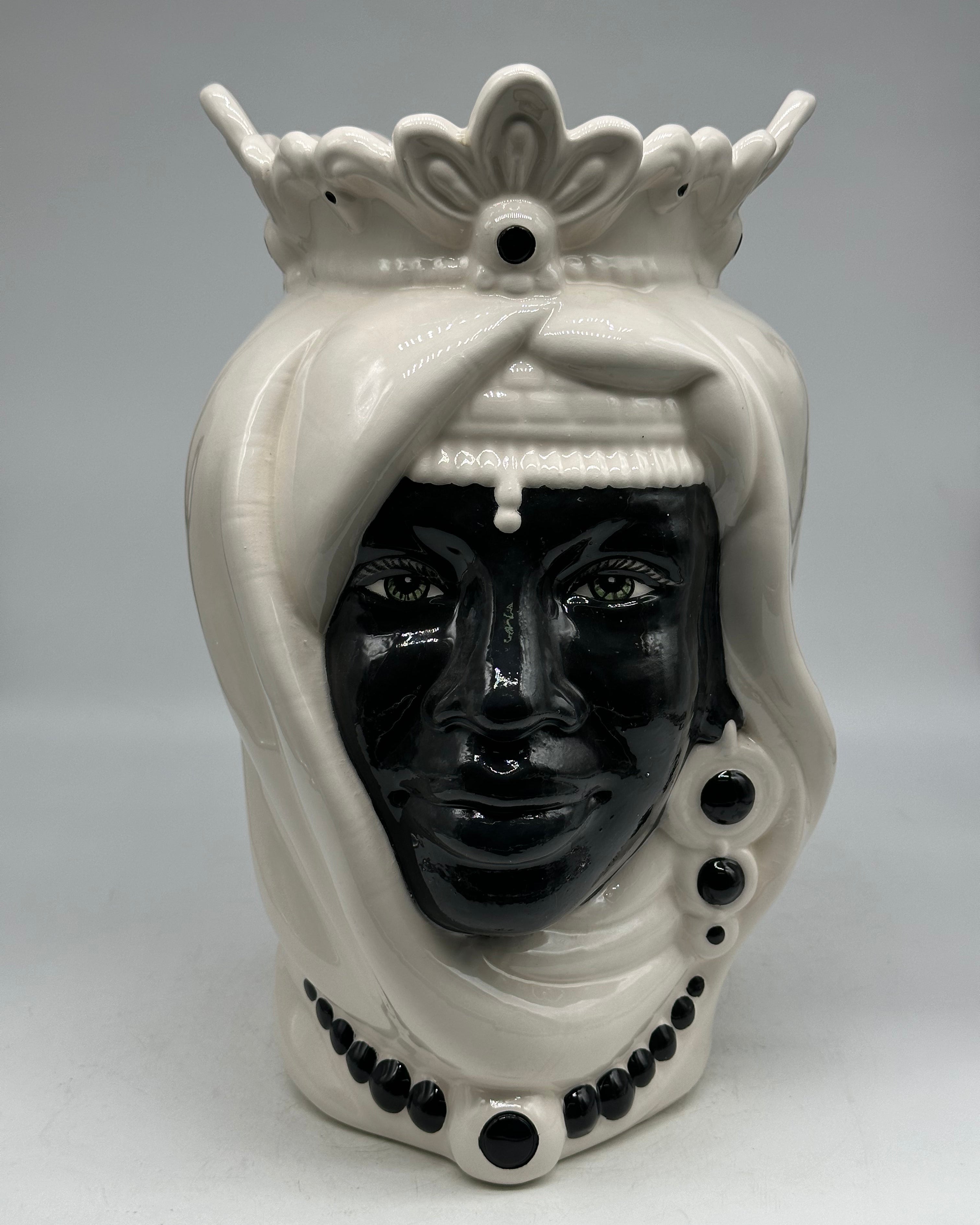 Teste di Moro Afro Ceramica Caltagirone cm H.35 L.23 Artigianale Bicolore Bianco Nero - TESTE DI MORO