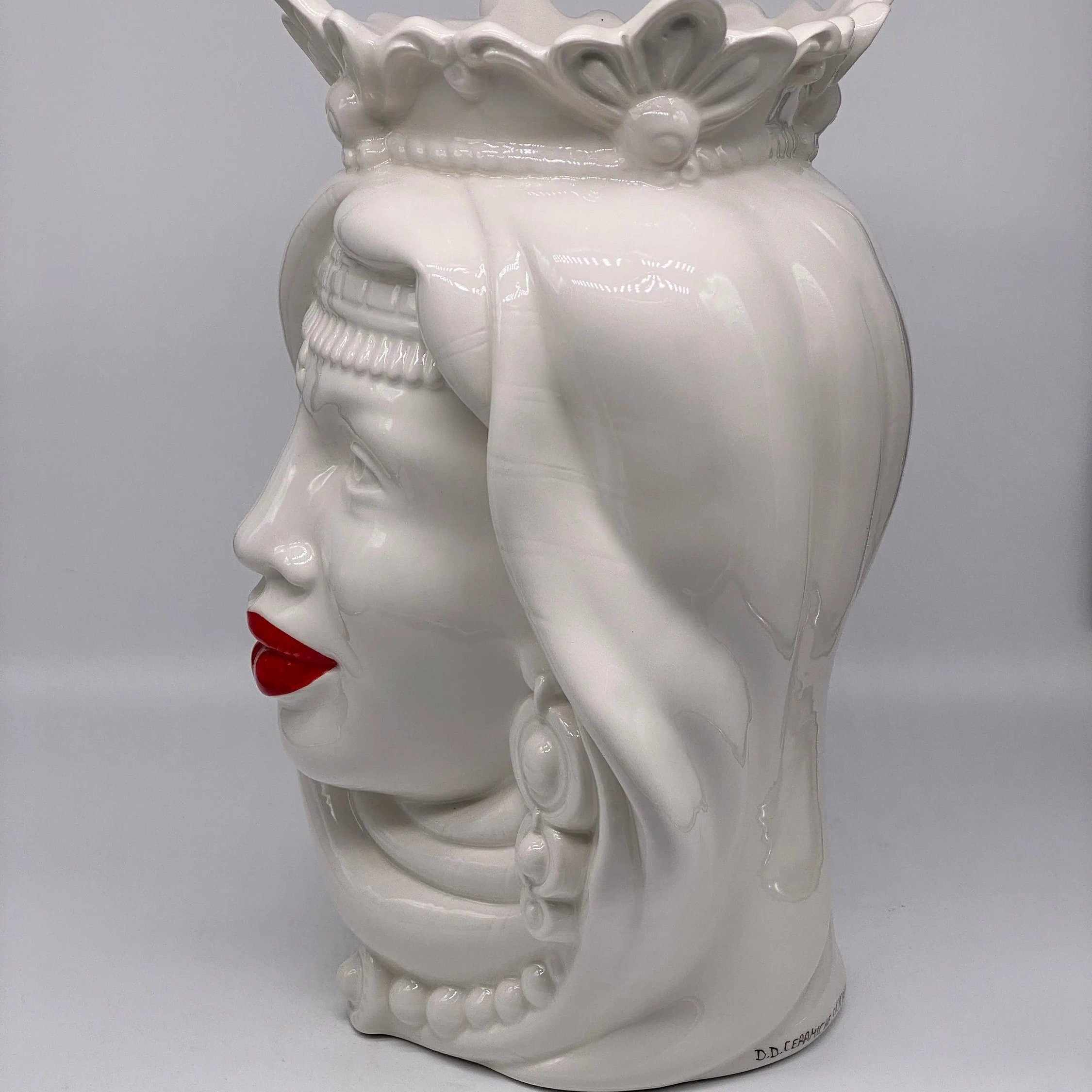 Teste di Moro Afro Ceramica Caltagirone cm H.37 L.24 Artigianale Bianco Labbra Rosse DD CERAMICHE SICILIANE